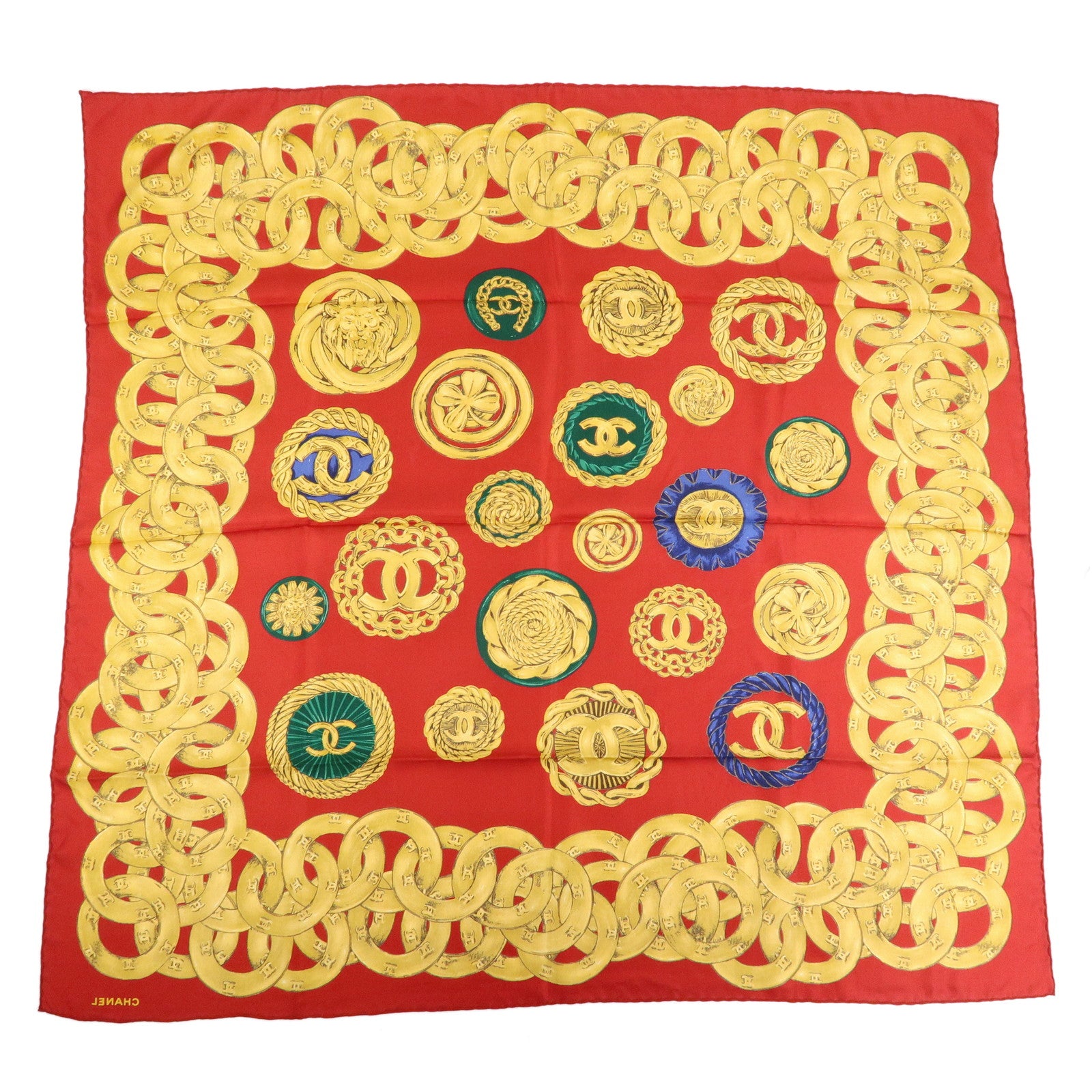 CHANEL COCO Mark Silk 100% Scarf Red Gold Multicolor