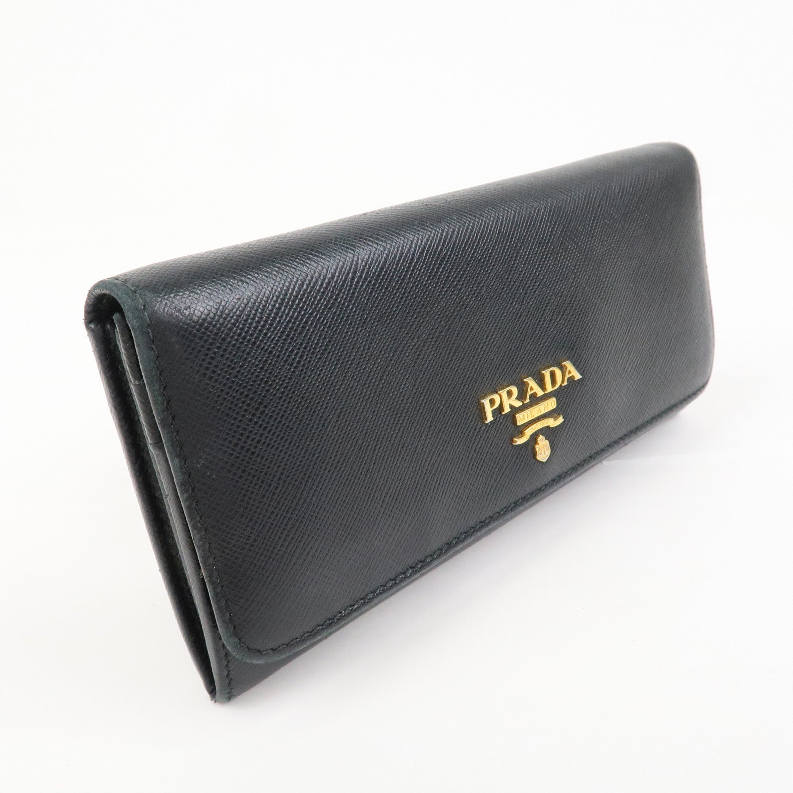 PRADA Logo Saffiano Leather Flap Bi-Fold Long Wallet Black 1MH132