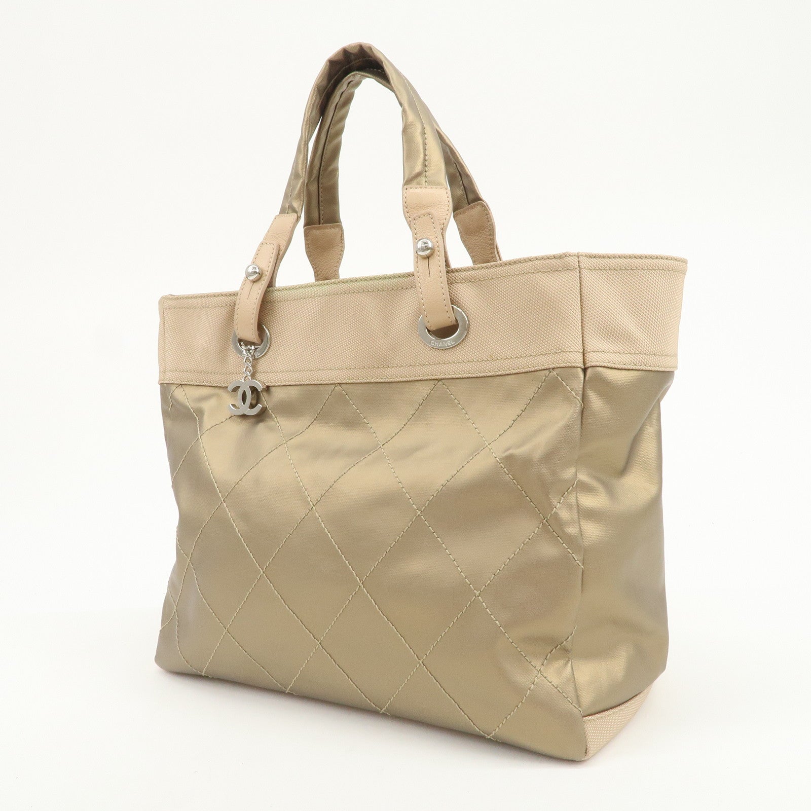 CHANEL Paris Biarritz MM PVC Canvas Tote Bag Hand Bag Beige A34209