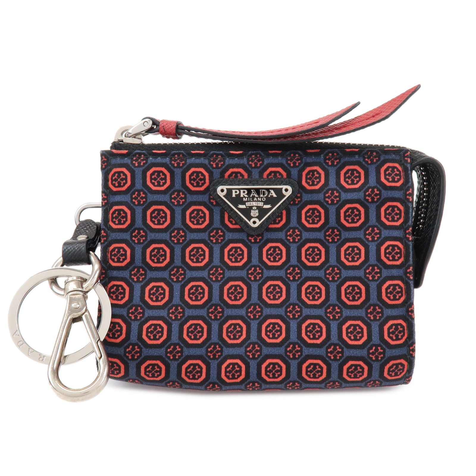PRADA Triangle Logo Mini Pouch Key Ring Coin Case Navy Red 2TT072