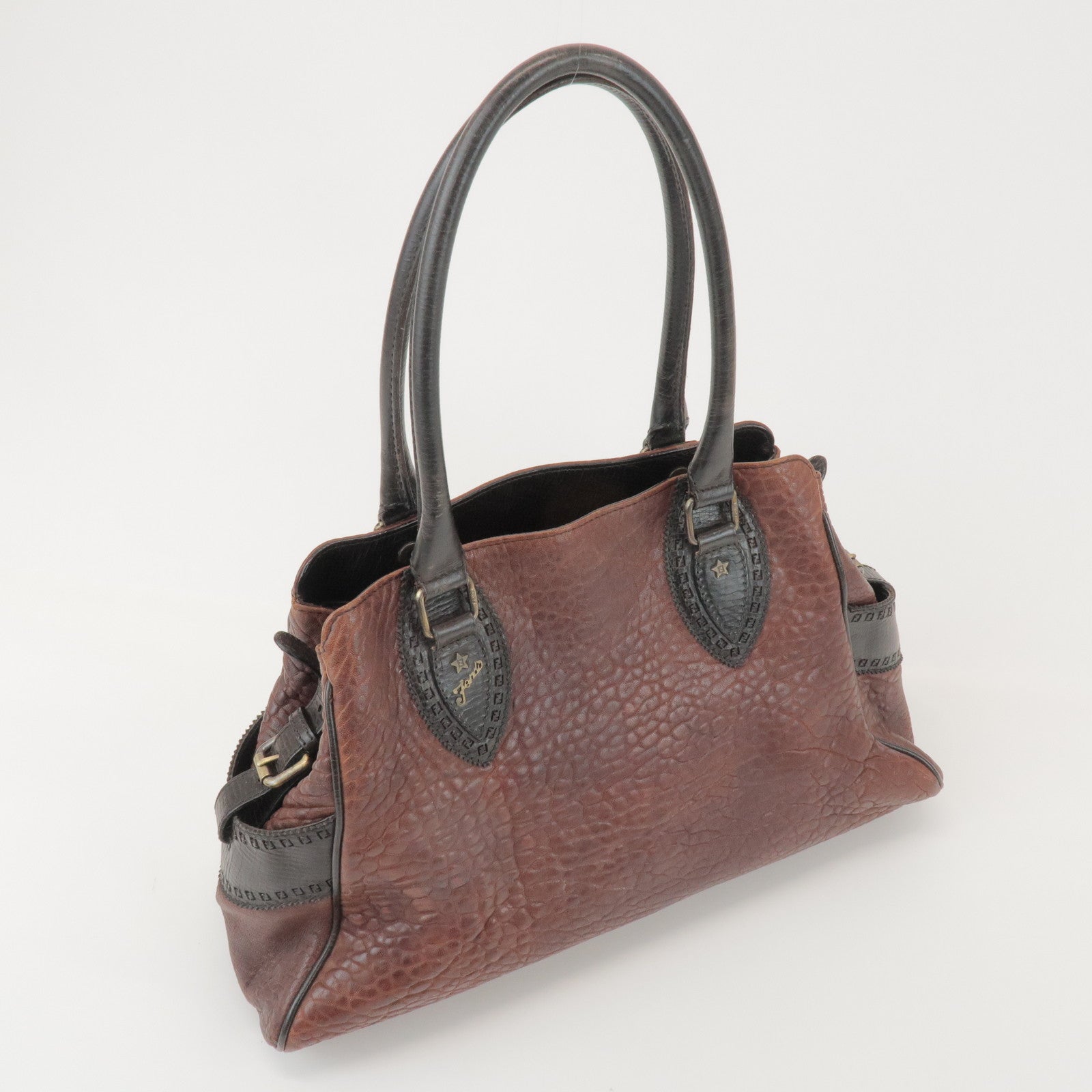 FENDI Etnico Leather Tote Bag Hand Bag Dark Brown 8BN162