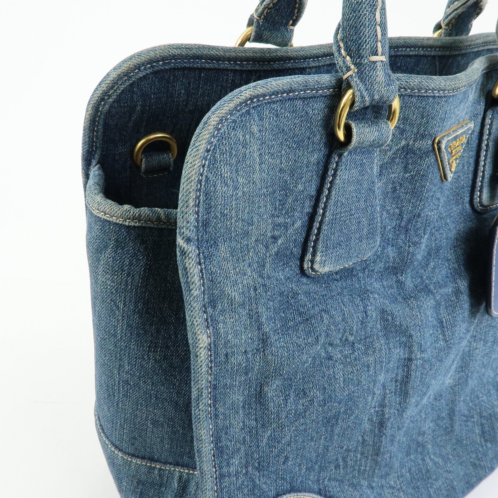 PRADA Triangle Logo Denim Tote Bag Hand Bag Blue BN2254