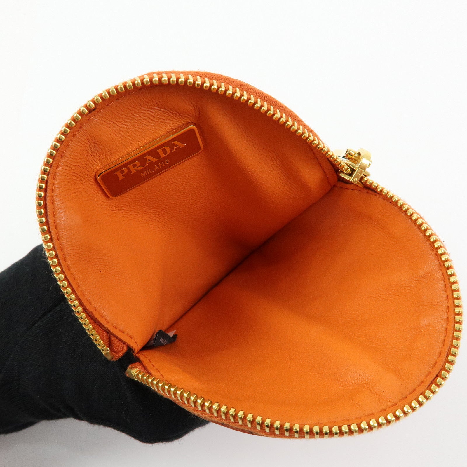 PRADA Saffiano Leather Flower Motif Round Coin Case Orange 1M1400