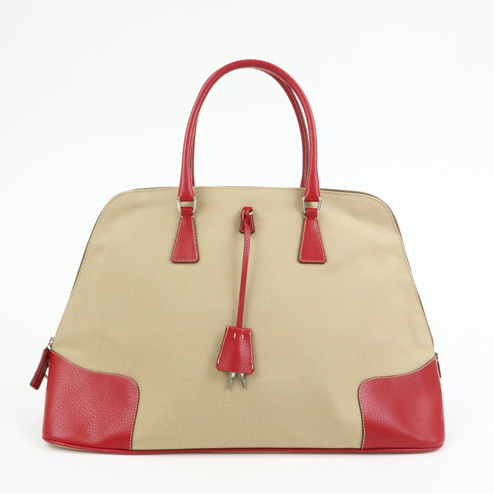 PRADA Triangle Logo Canvas Leather Hand Bag Beige Red