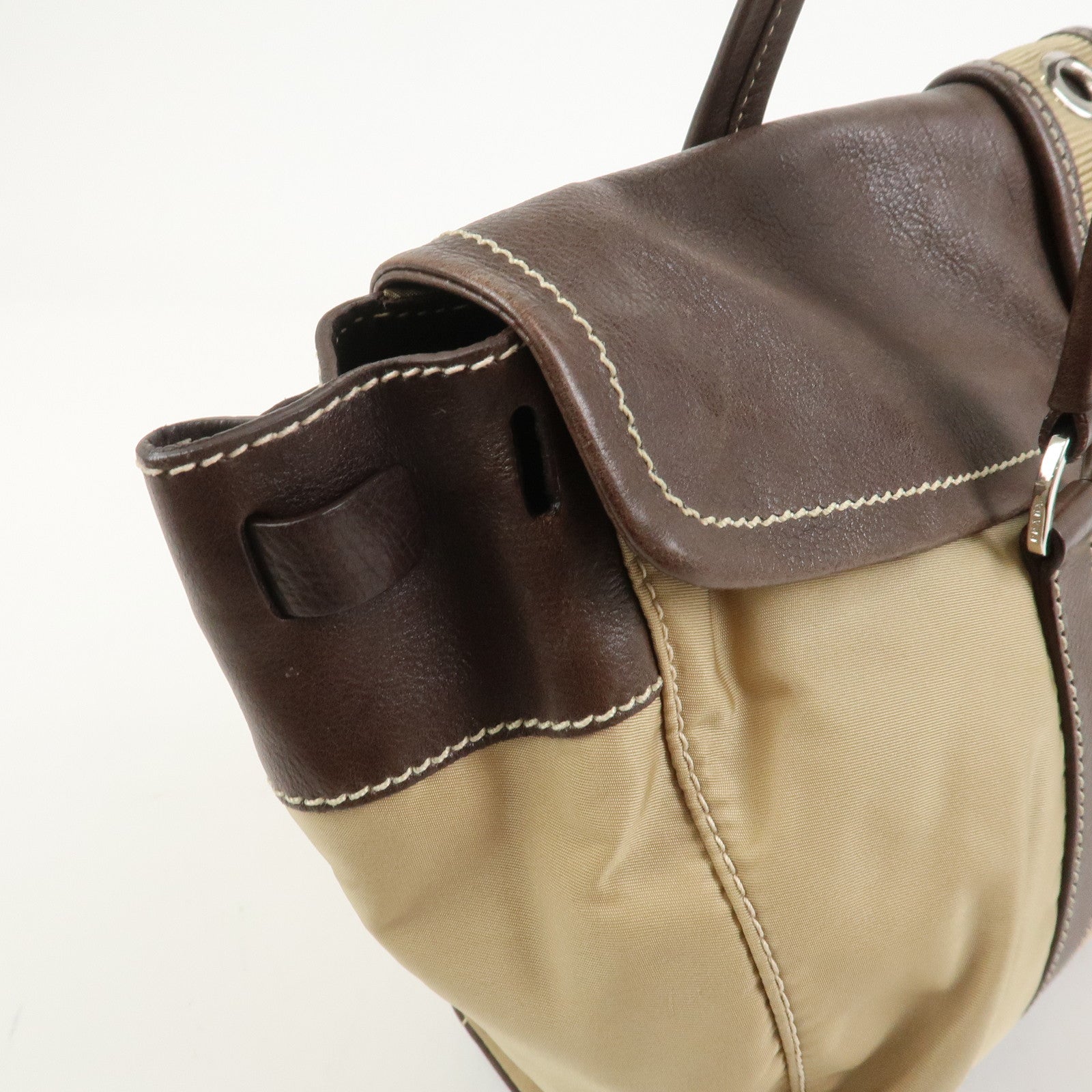 PRADA Triangle Logo Leather Nylon Shoulder Bag Brown BR2418