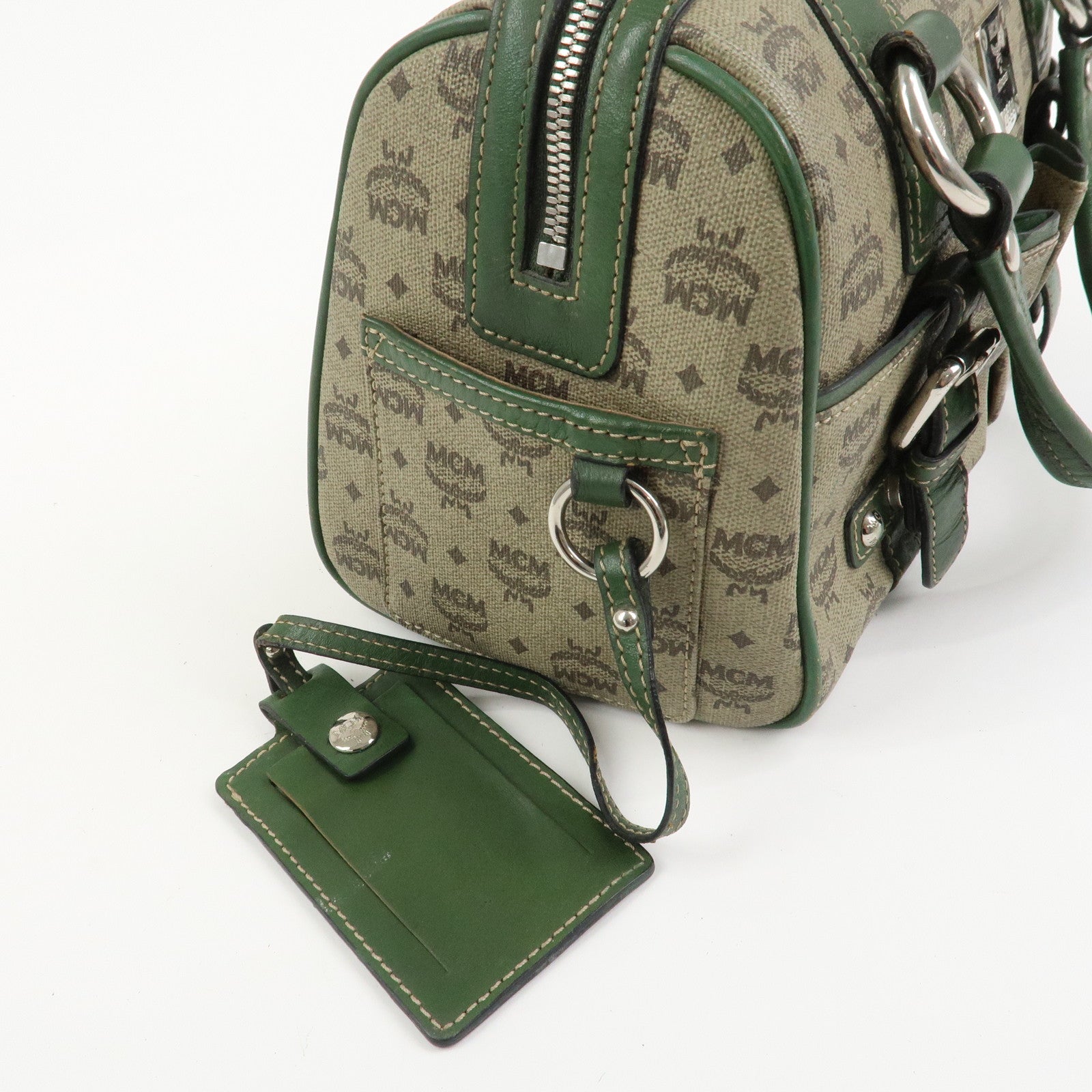 MCM Visetos PVC Coating Canvas Leather Boston Bag Beige Green