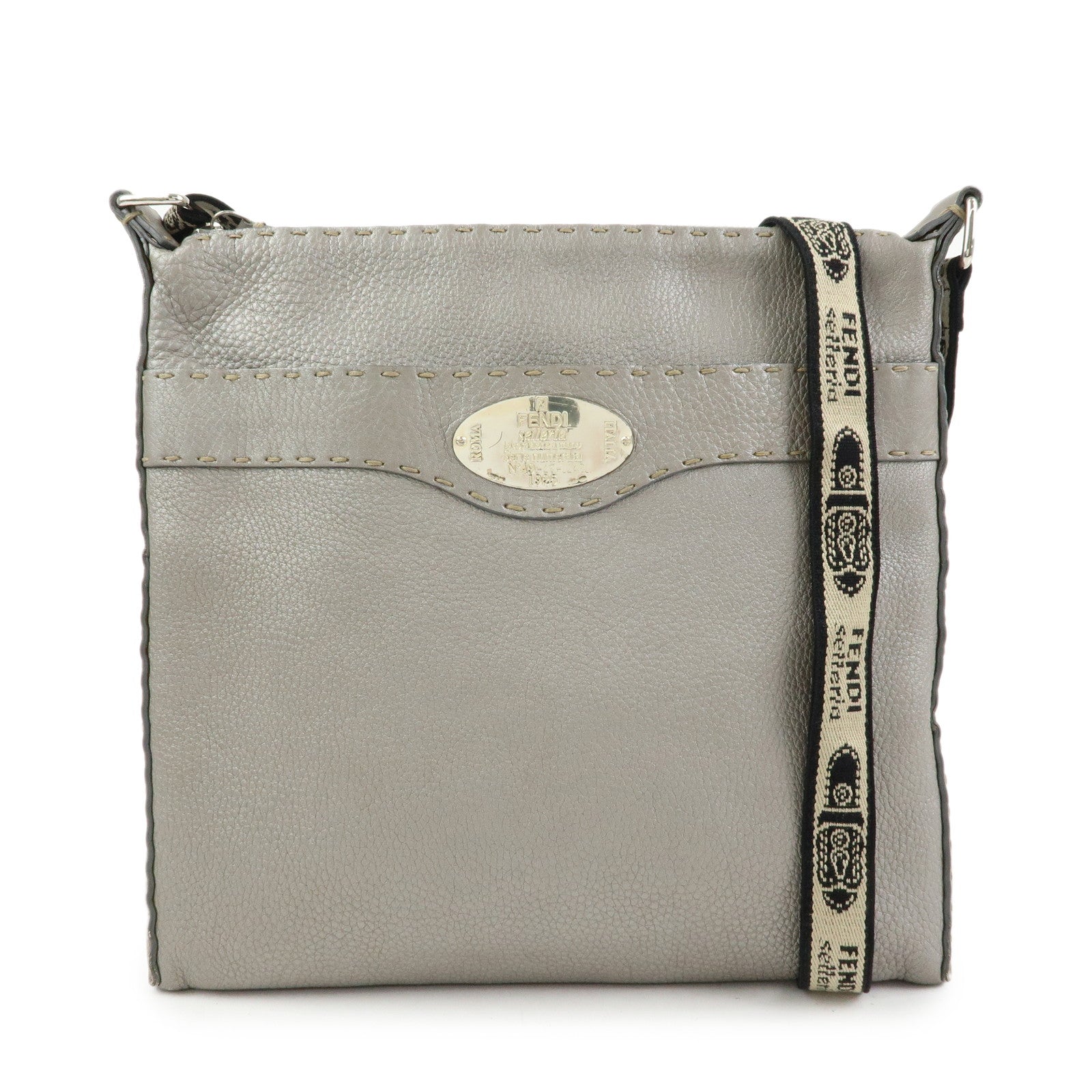 FENDI Selleria Leather Shoulder Crossbody Bag Metallic Grey 8BT109