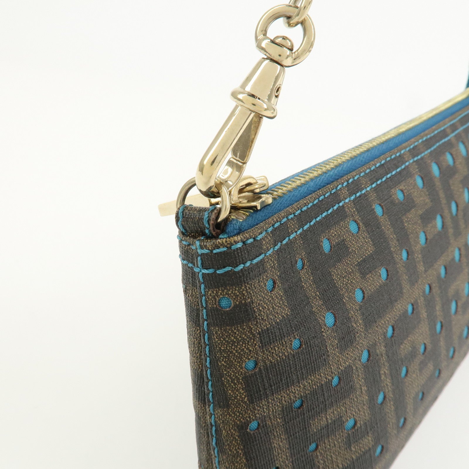 FENDI Zucca PVC Canvas Chain Accessory Pouch Brown Blue 8BR592