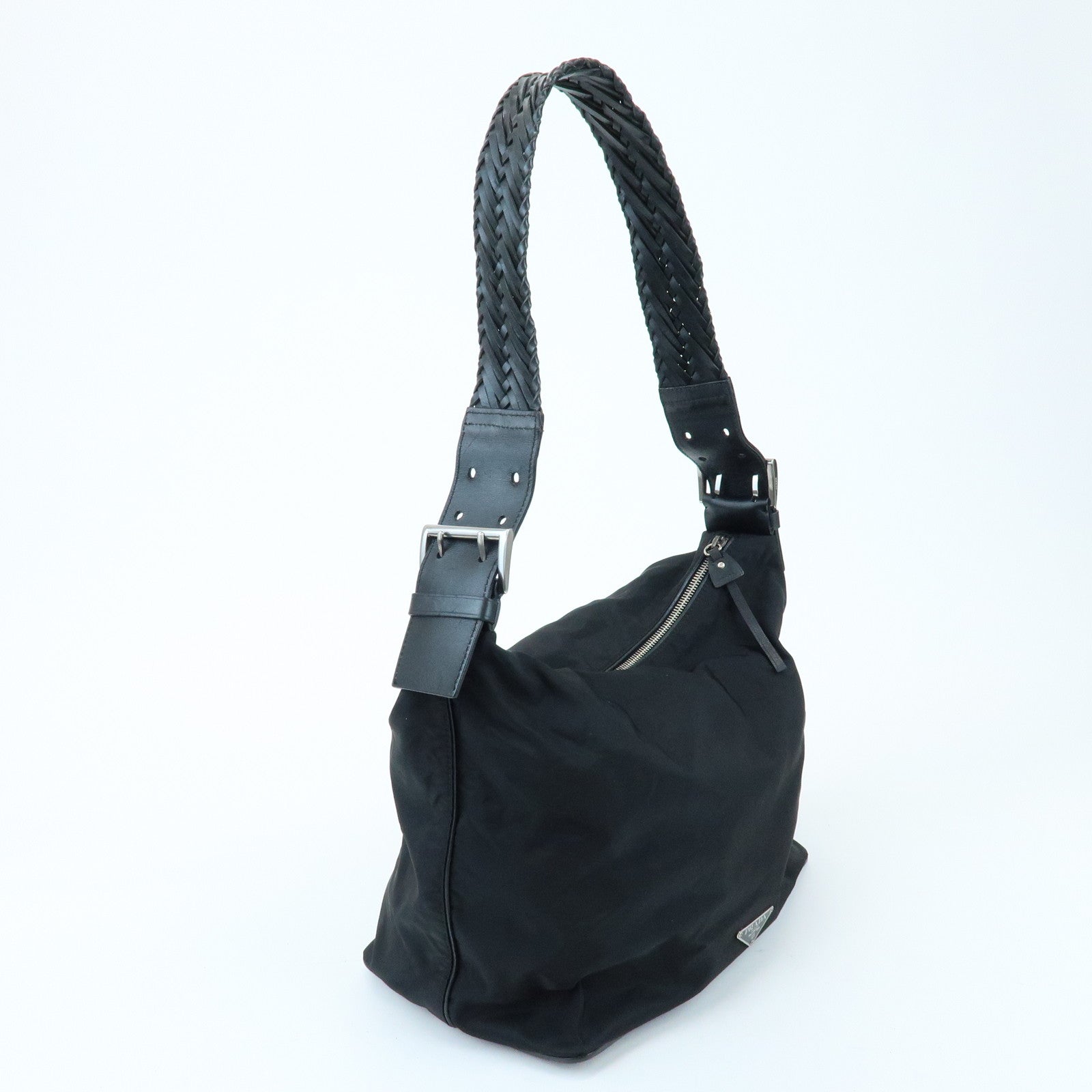 PRADA Triangle Logo Nylon Leather Shoulder Bag Black BR0575