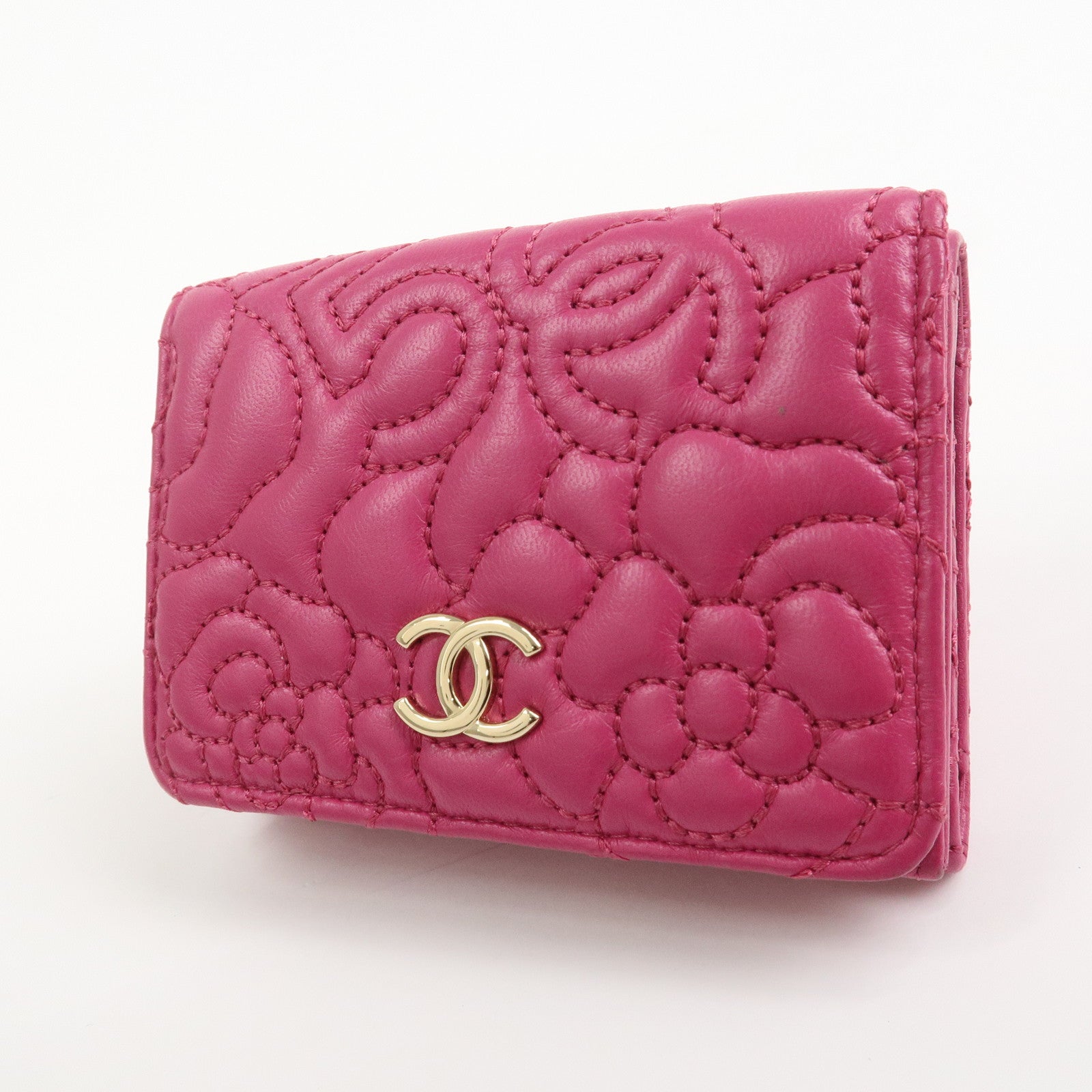 CHANEL COCO Mark Lamb Skin Tri-fold Compact Wallet Pink