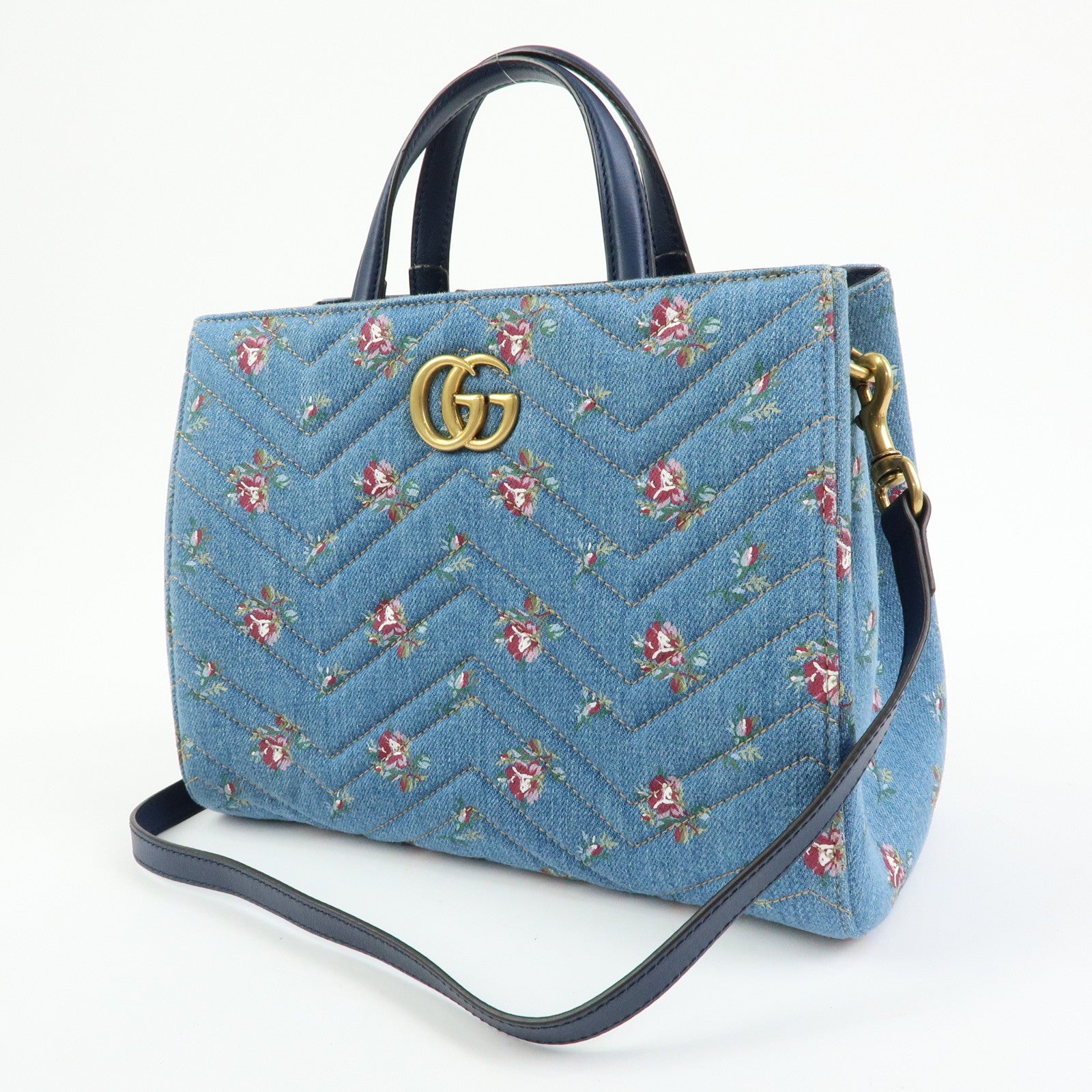 GUCCI GG Marmont Denim Leather 2Way Bag Flower Motif Navy 448054