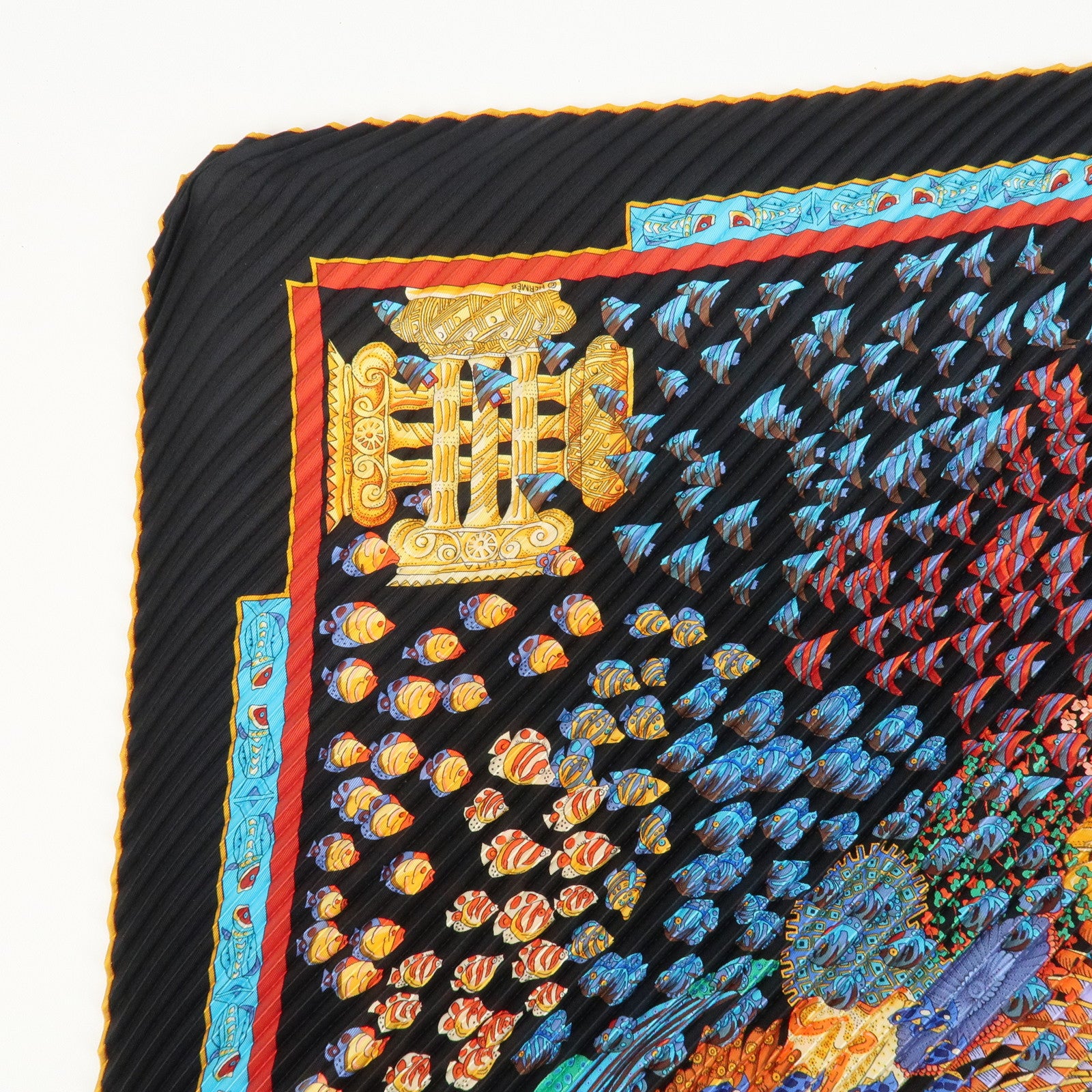 HERMES 100% Silk Pleats Carre Scarf ASTRES et SOLEILS Blue Multi Color Used