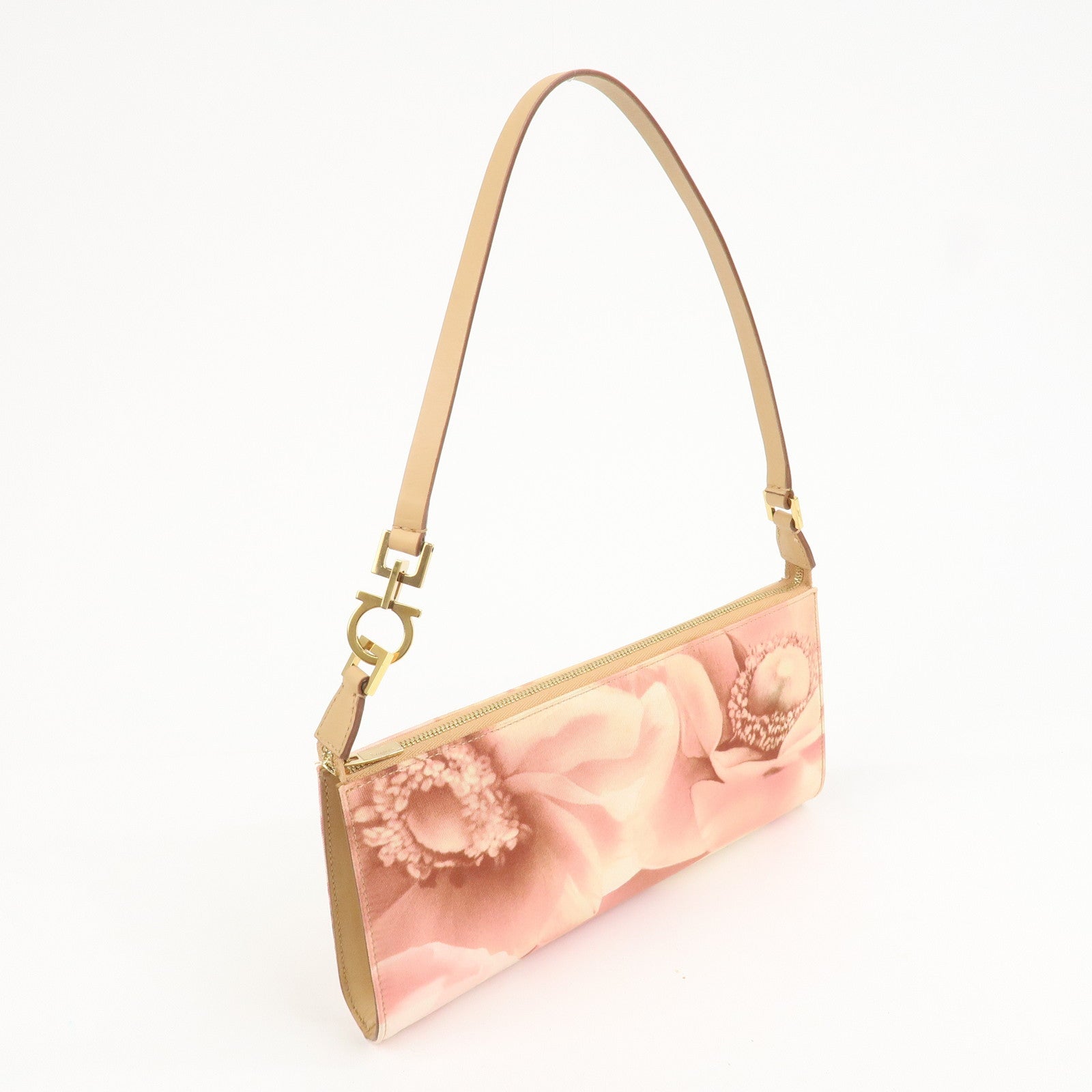 Ferragamo Gancini Nylon Leather Shoulder Bag Hand Bag Flower Pink