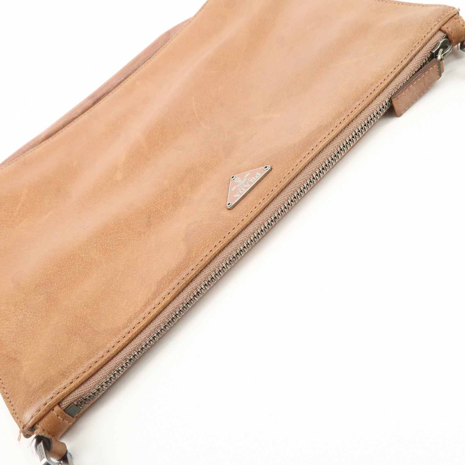 PRADA Triangle Logo Leather Shoulder Bag Hand Bag Brown Used