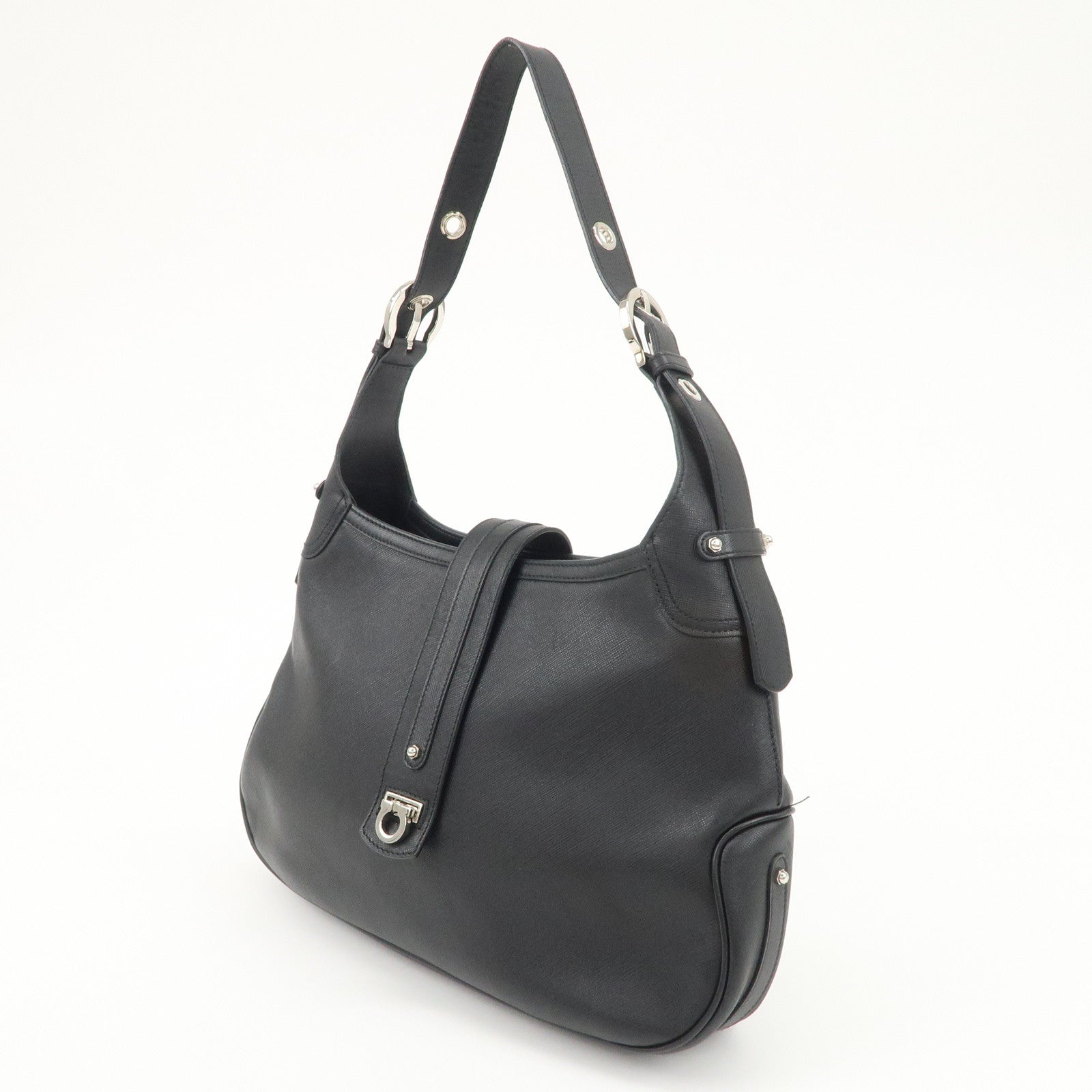 Ferragamo Gancini Leather Shoulder Bag Black Used