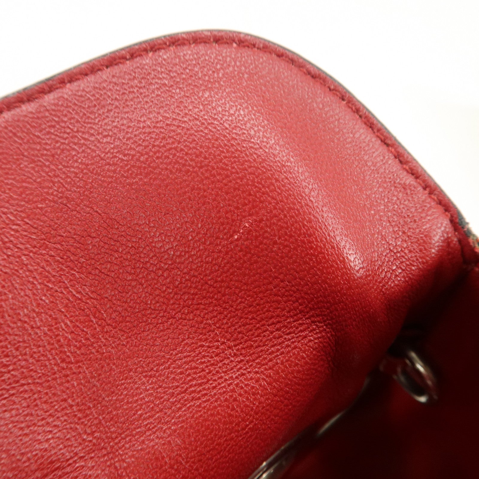 PRADA Logo Grommet Leather Chain Shoulder Bag Red Silver 1BA027