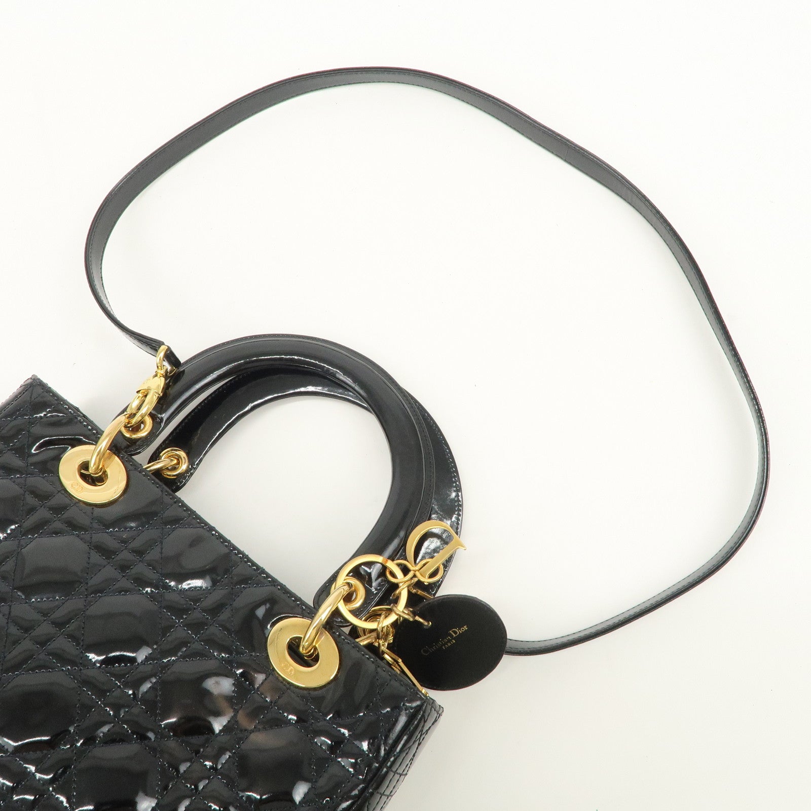 Christian Dior Lady Dior Cannage Patent Leather 2Way Hand Bag Black