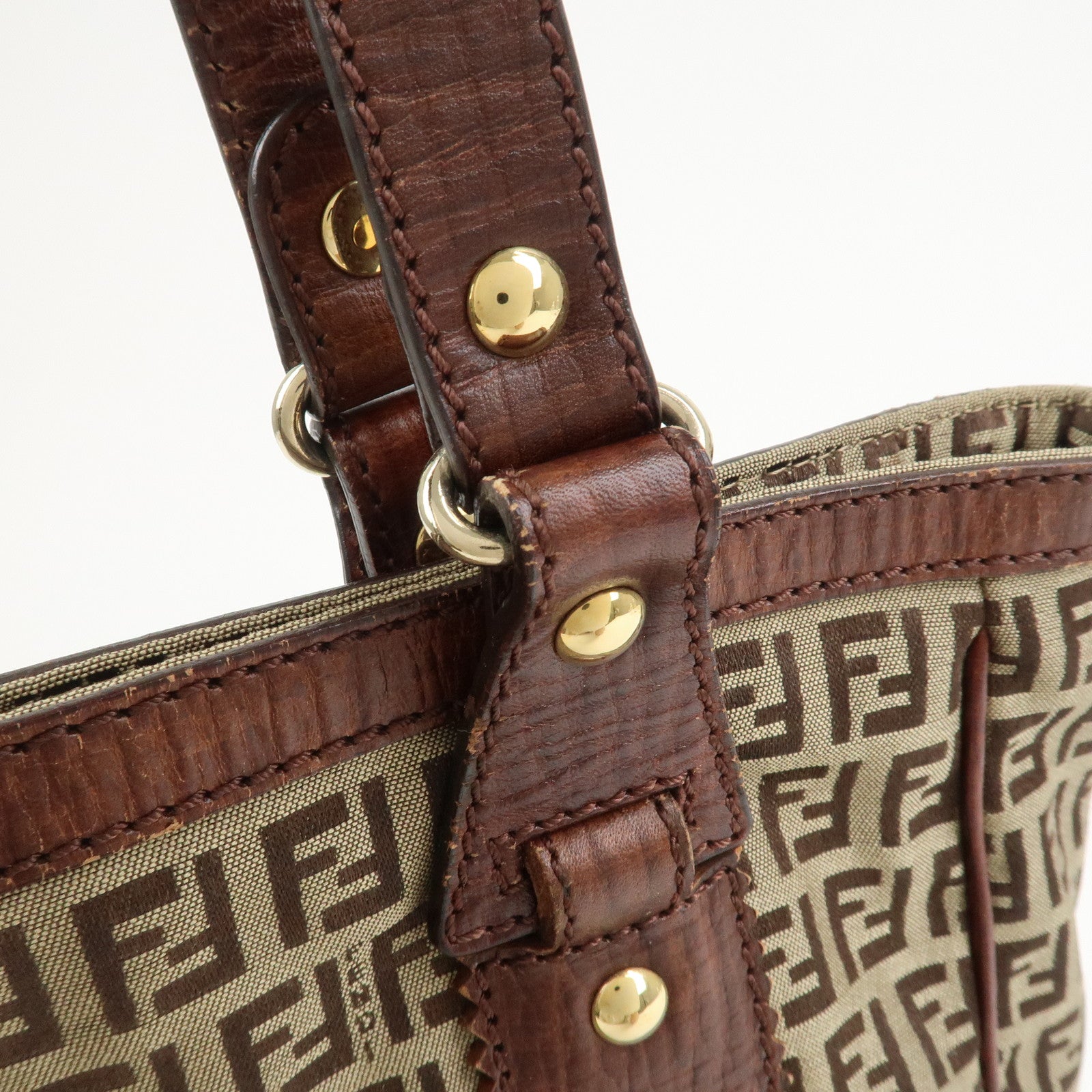 FENDI Zucchino Canvas Leather Tote Bag Shoulder Bag Brown 8BH161