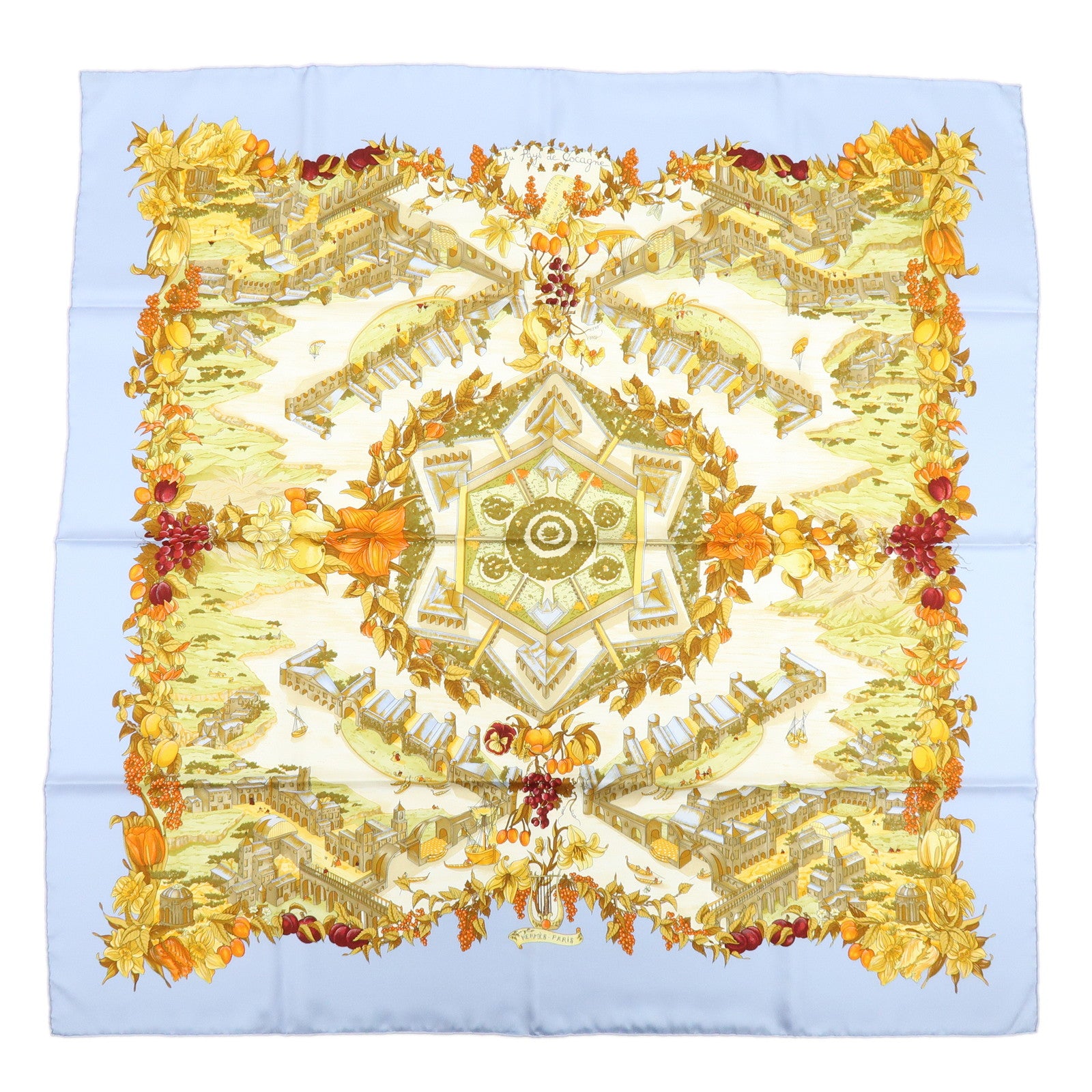 HERMES Carre 90 Silk 100% Scarf Au Pays de Cocagne Blue Brown