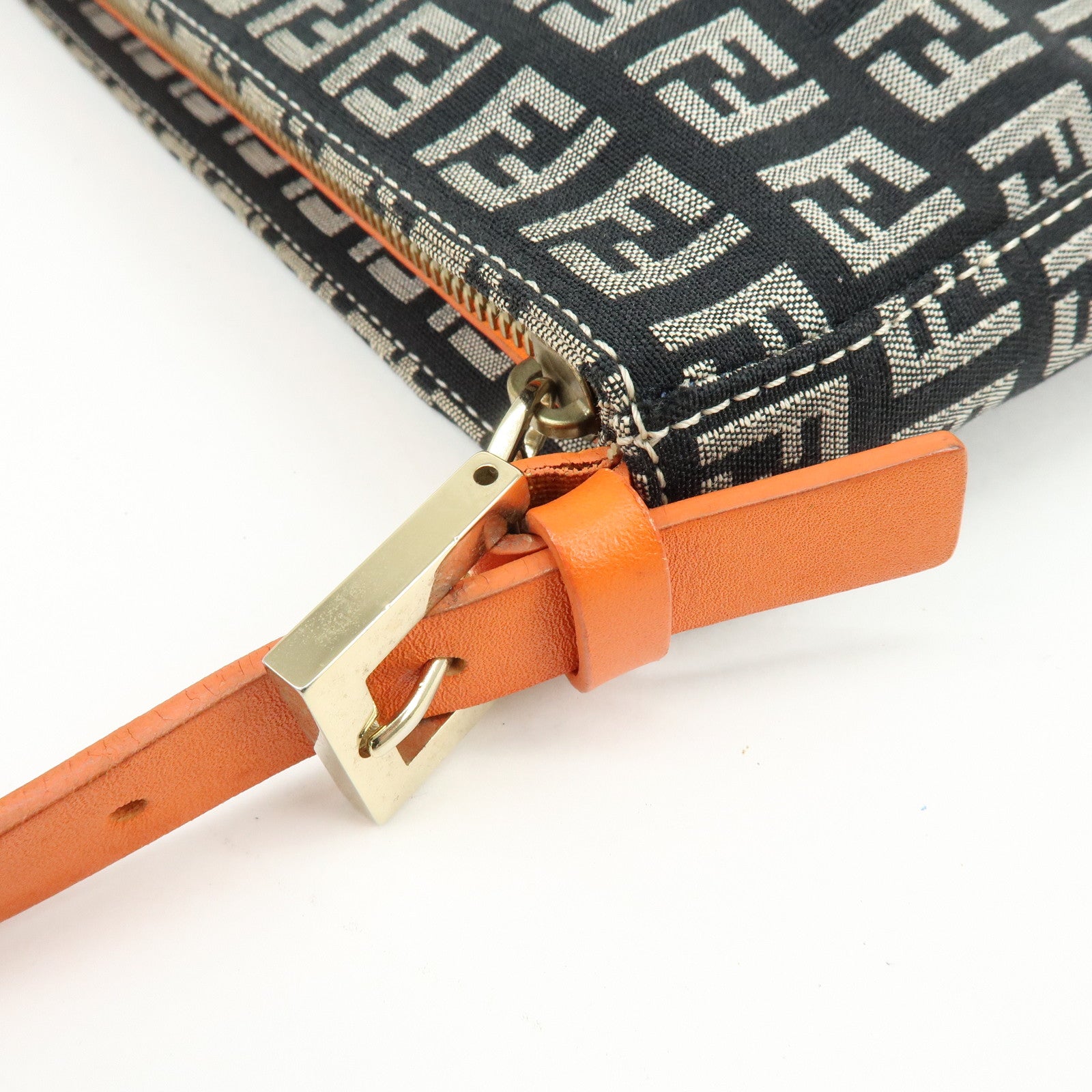 FENDI Zucchino Canvas Leather Shoulder Bag Black Orange 8BR042