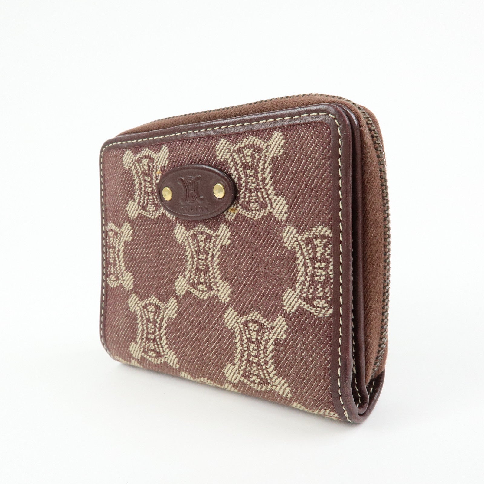CELINE Macadam Denim Leather Bi-fold Compact Wallet Bordeaux