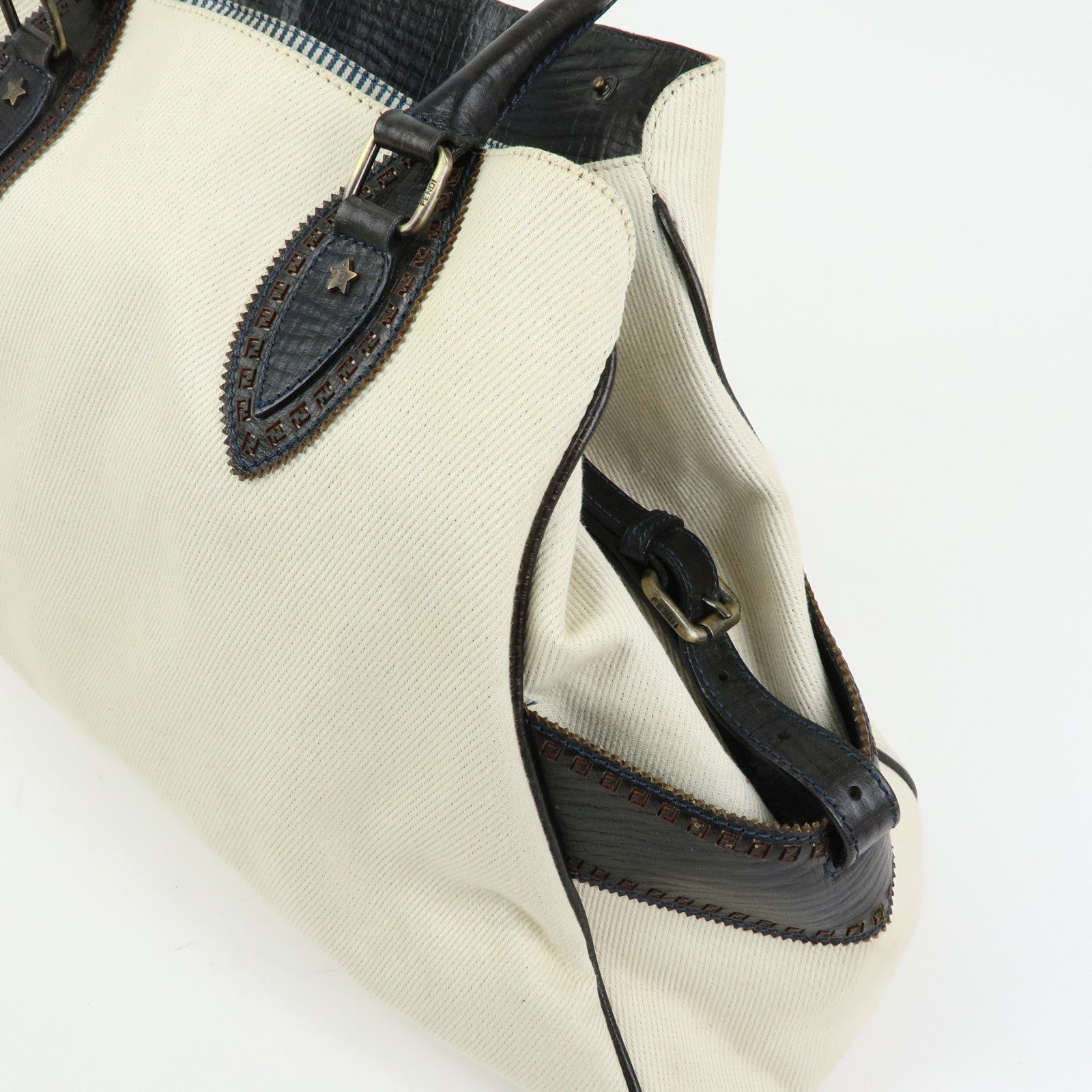 FENDI Etnico Denim Leather Tote Bag Ivory Dark Brown 8BN158