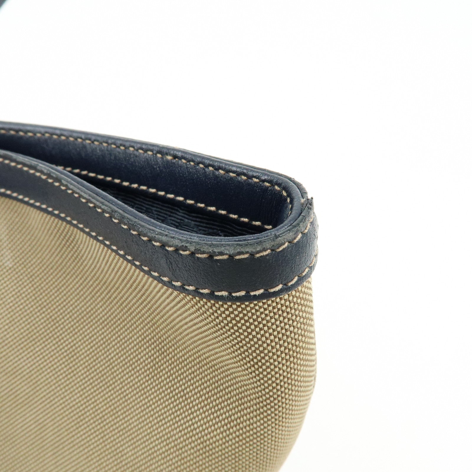 PRADA Logo Jacguard Leather Tote Bag Hand Bag Beige Navy