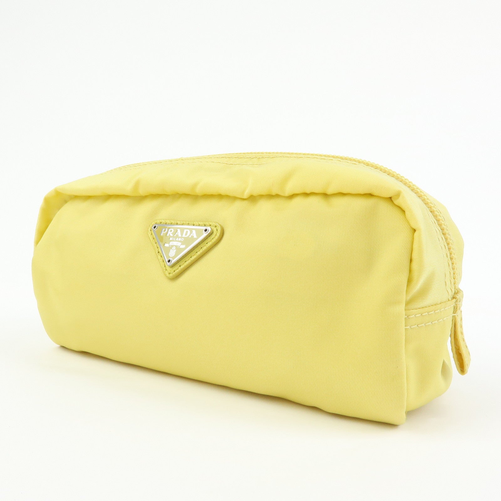 PRADA Triangle Logo Nylon Saffiano Leather Cosmetic Pouch Yellow