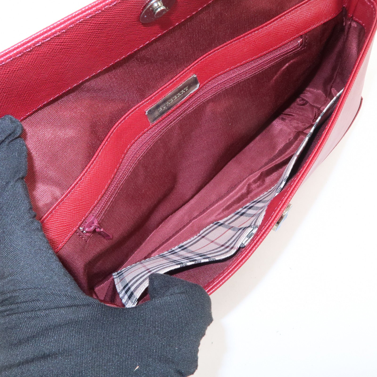 BURBERRY Logo Leather Shoulder Bag Hand Bag Red Silver