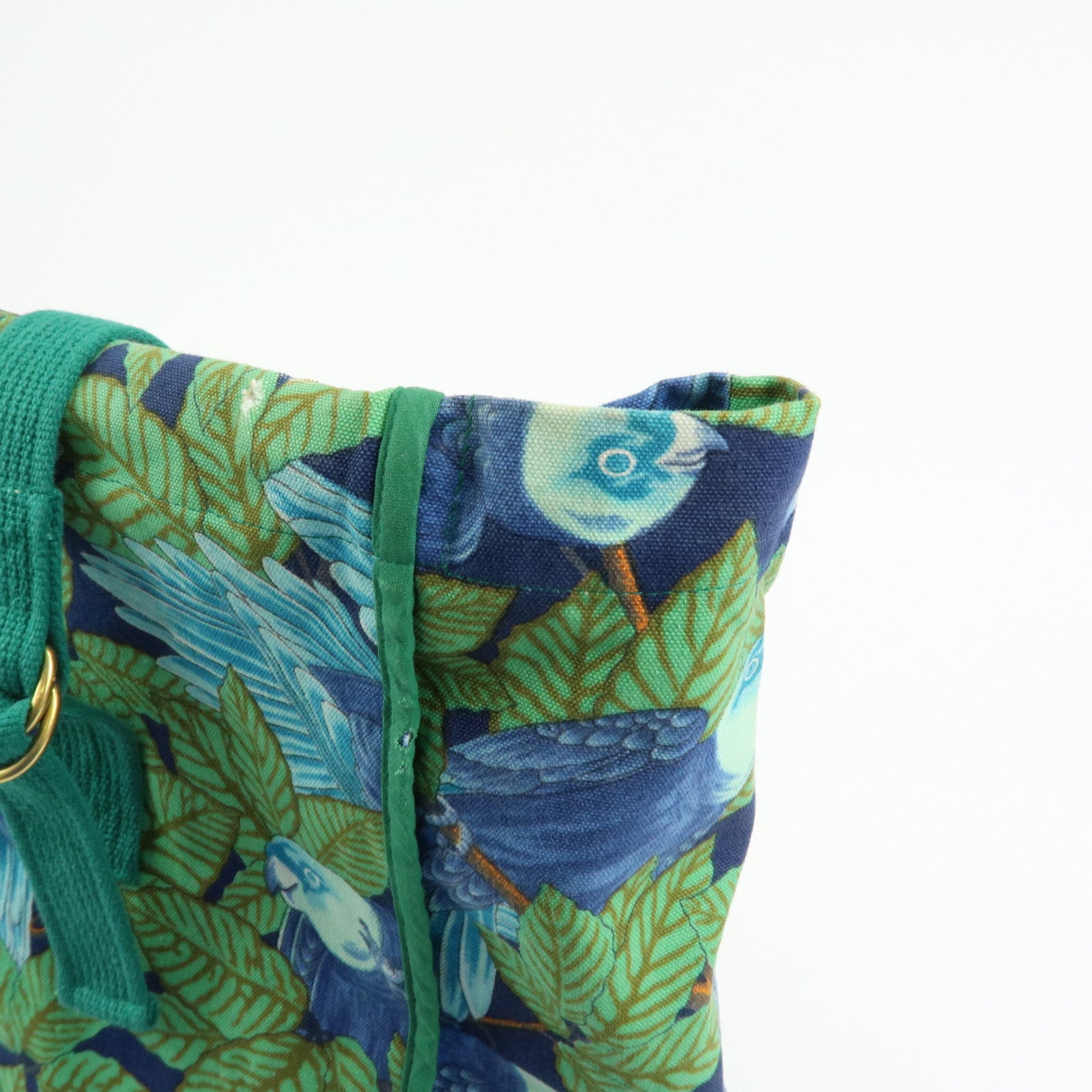 HERMES Canvas Large Beach Tote Bag Botanical Motif Blue Green