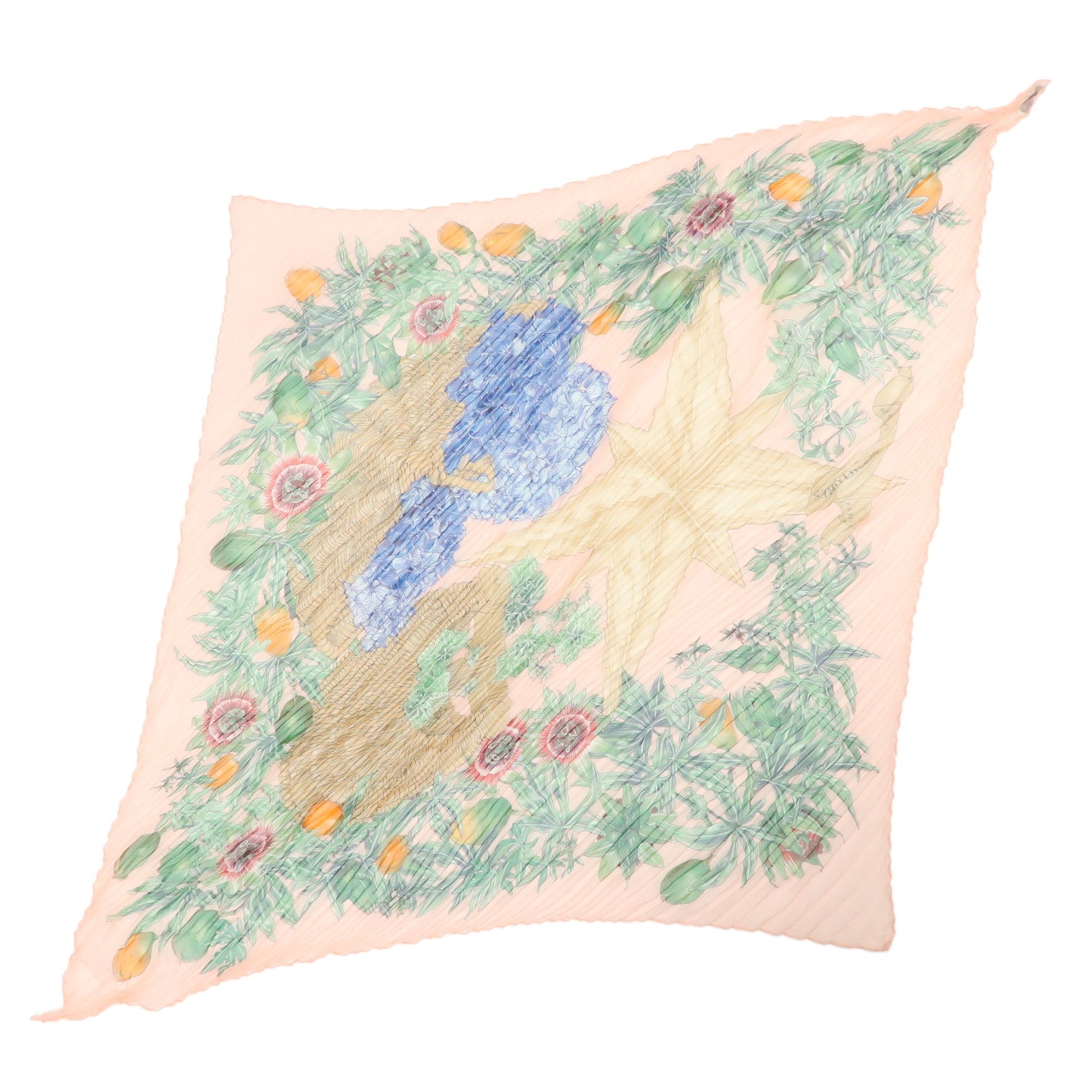 HERMES Pleated Carre Silk 100% Scarf PASSIFLORES Pink Multicolor