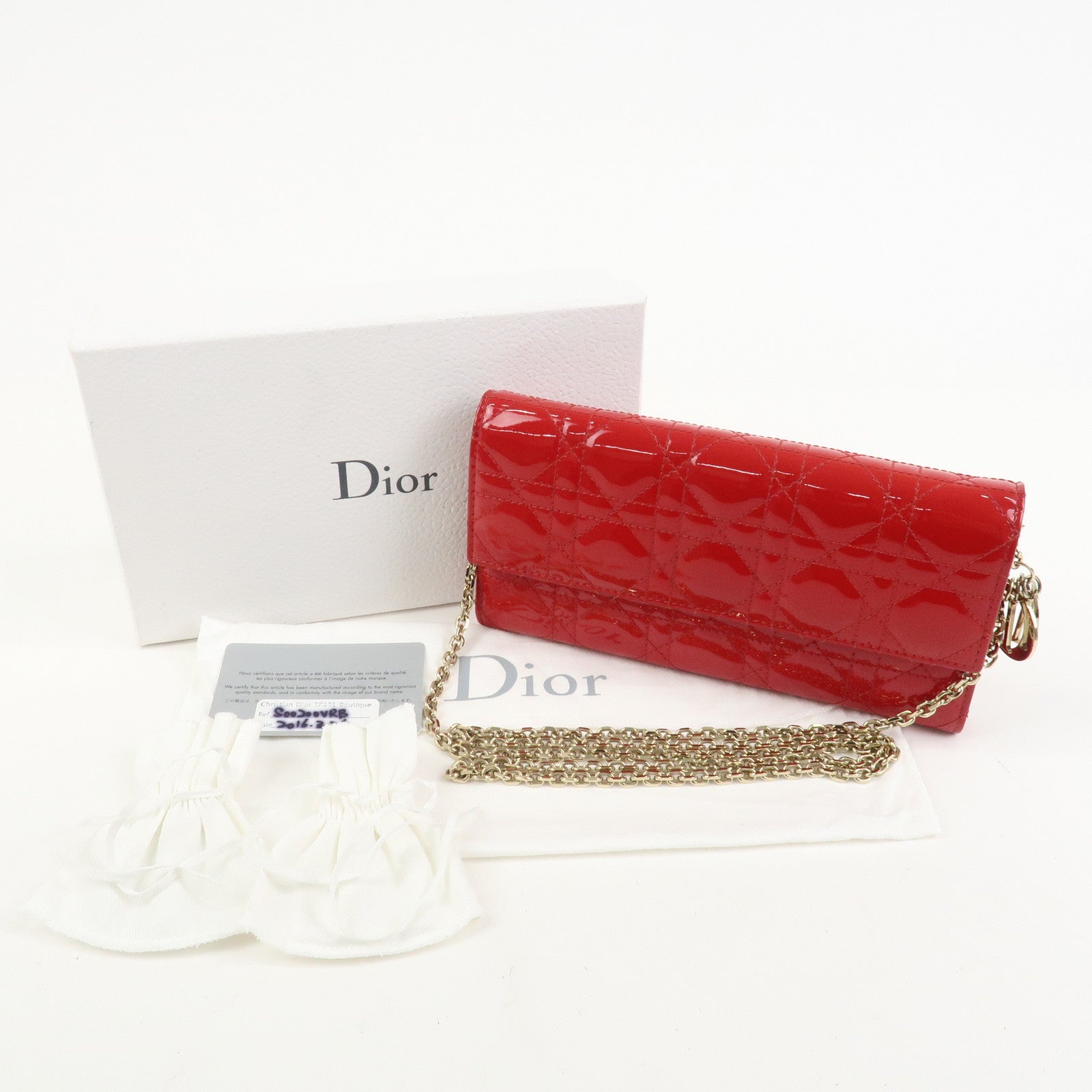 Christian Dior Cannage Patent Leather Chain Long Wallet WOC Red