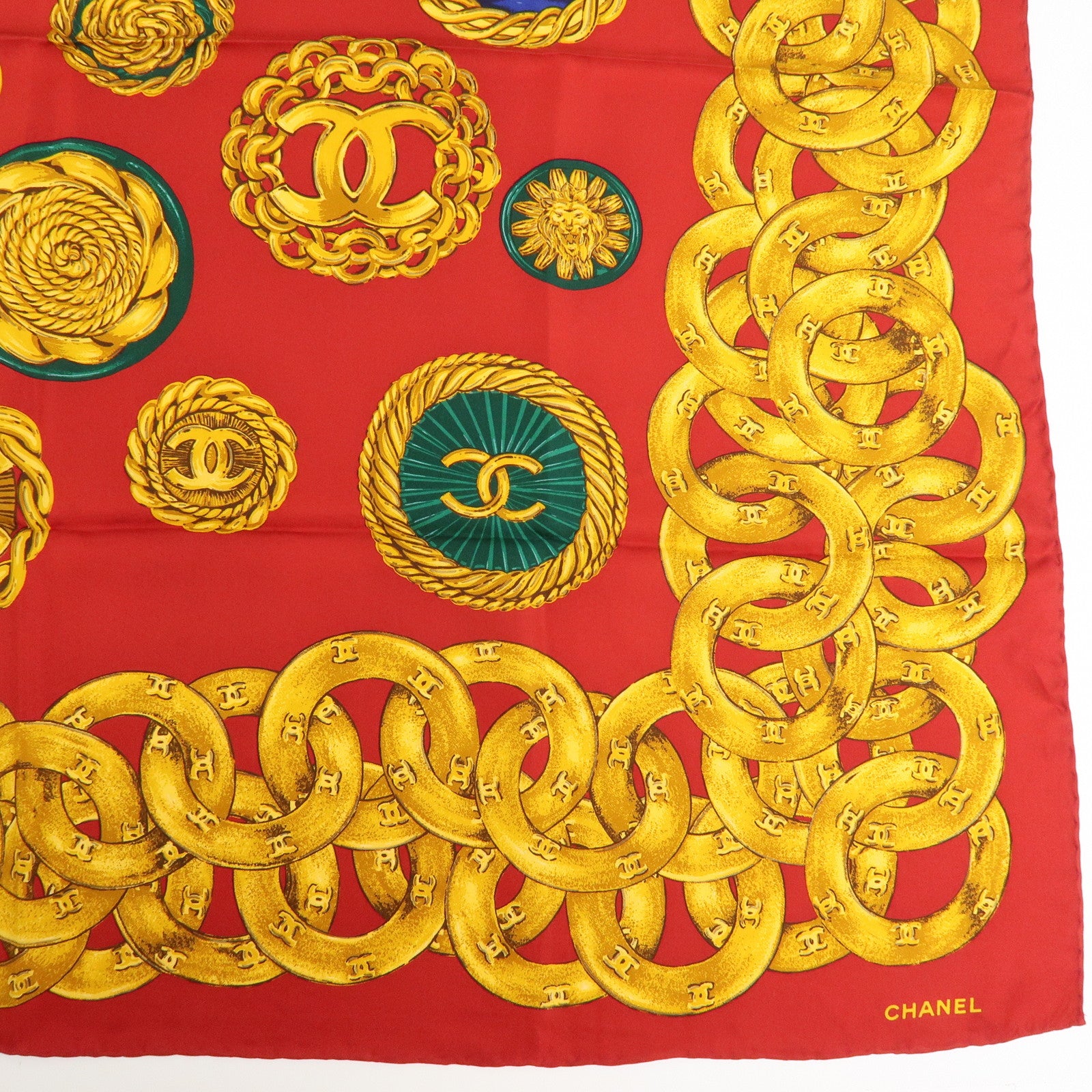 CHANEL COCO Mark Silk 100% Scarf Red Gold Multicolor
