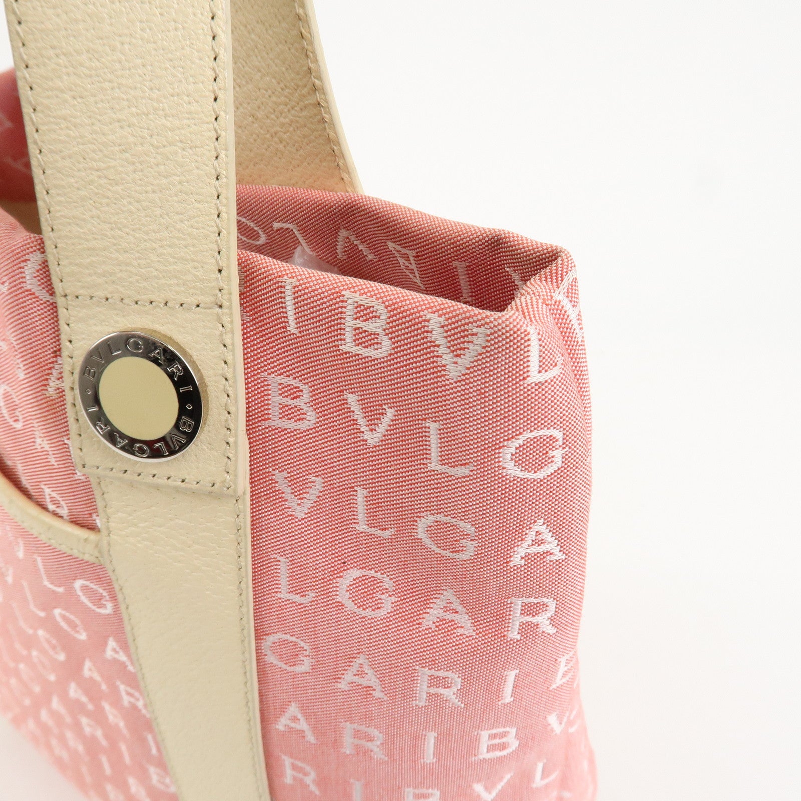 BVLGARI Logo Mania Canvas Leather Hand Bag Tote Bag Pink Ivory