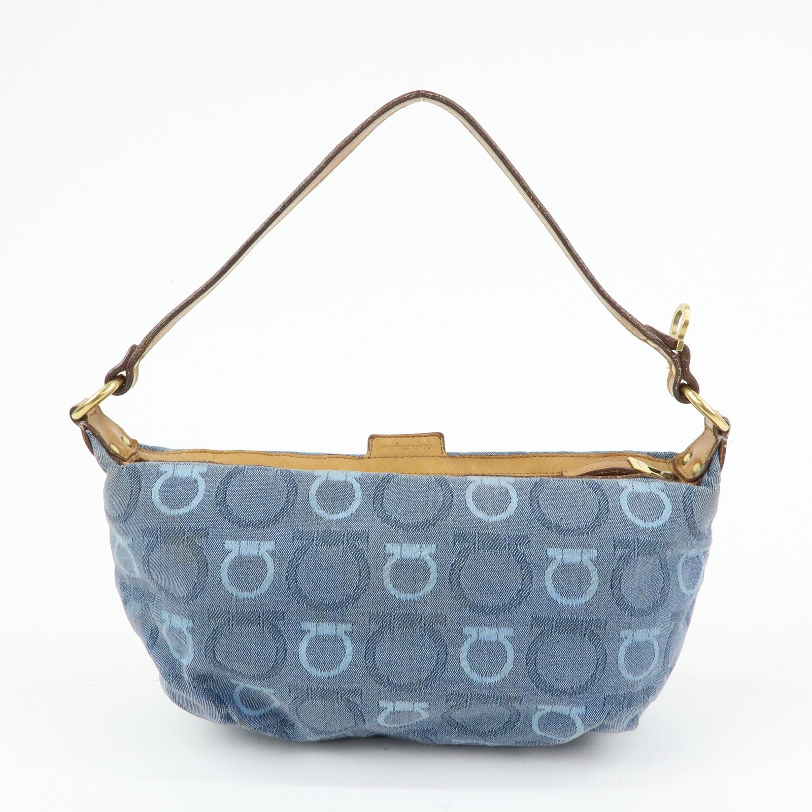 Ferragamo Gancini Canvas Leather Hand Bag Blue Light brown