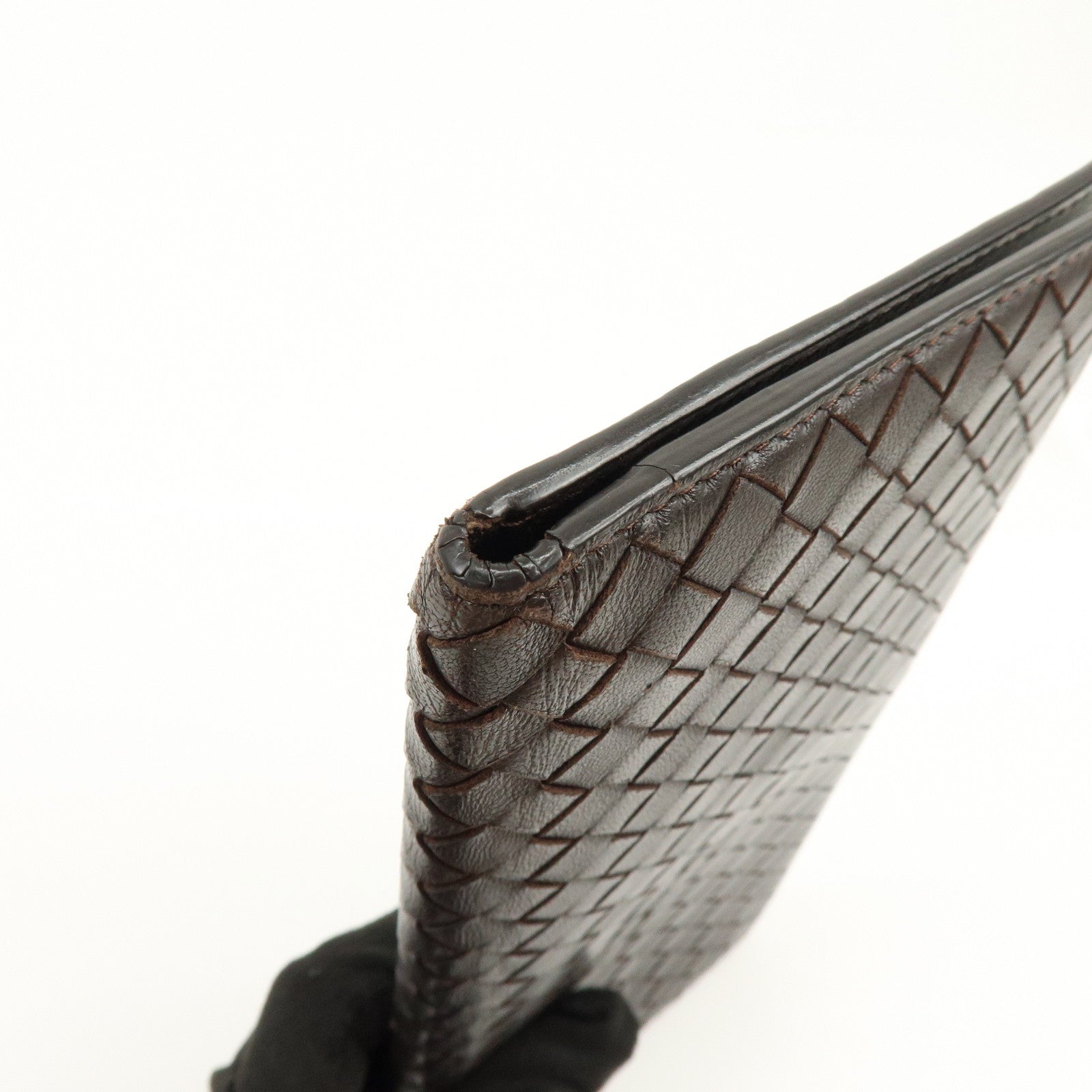 BOTTEGA VENETA Intrecciato Leather Bi-fold Long Wallet Dark Brown