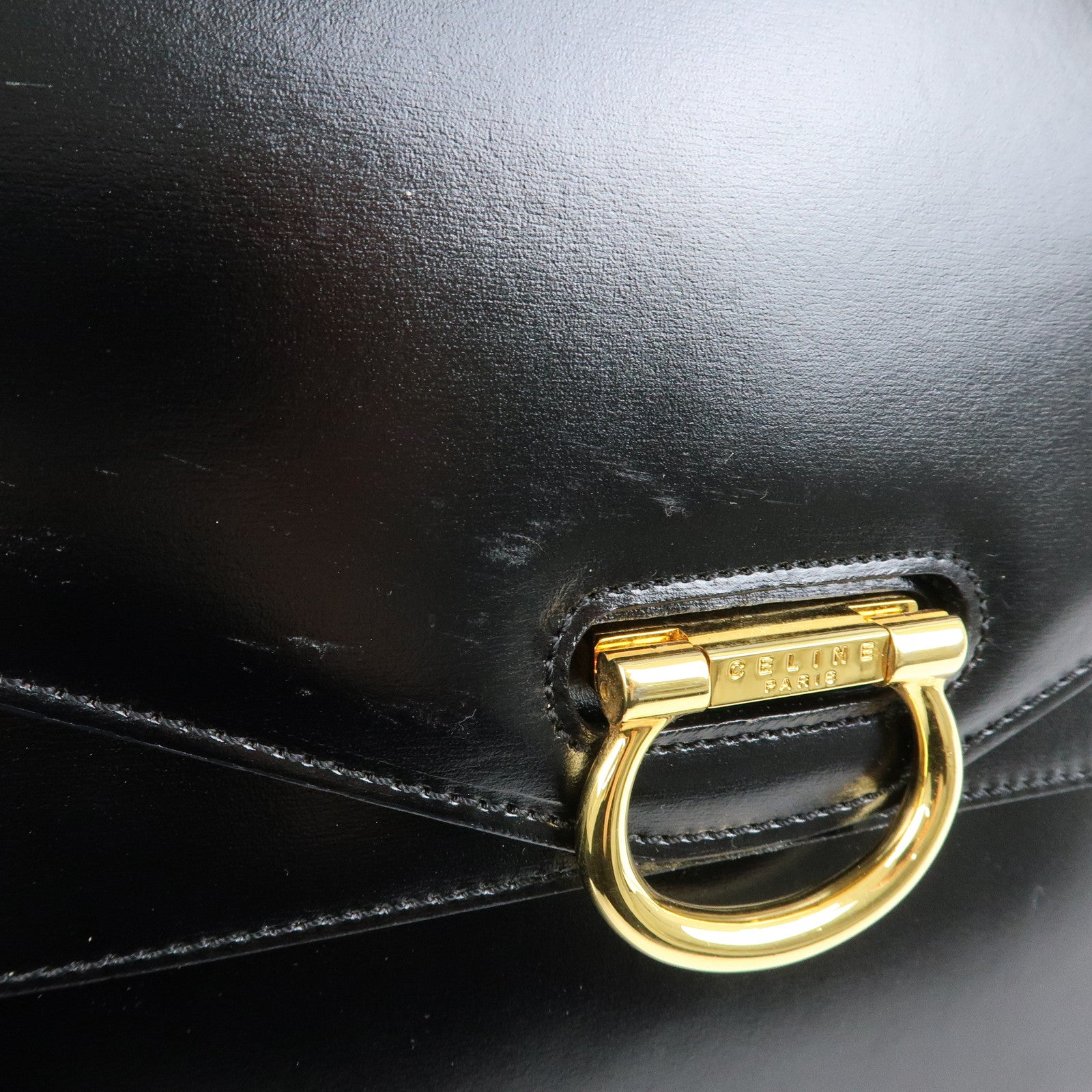 CELINE Leather Double Flap Hand Bag Black