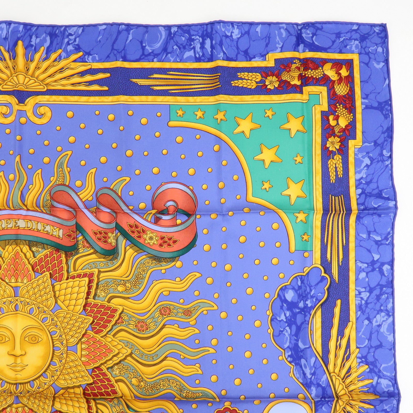 HERMES Carre 90 Silk 100% Scarf CARPE DIEM Blue Yellow Multicolor