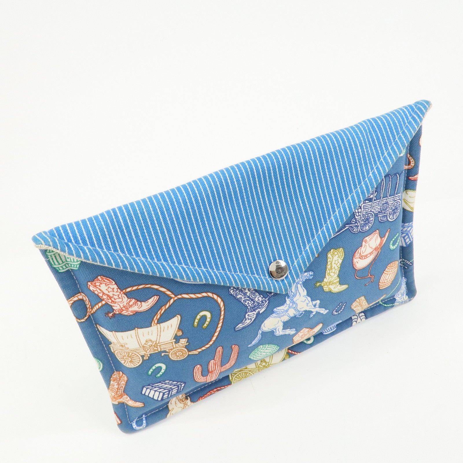 HERMES Cotton Western Motif Pouch Cosmetic Pouch Blue Multicolor