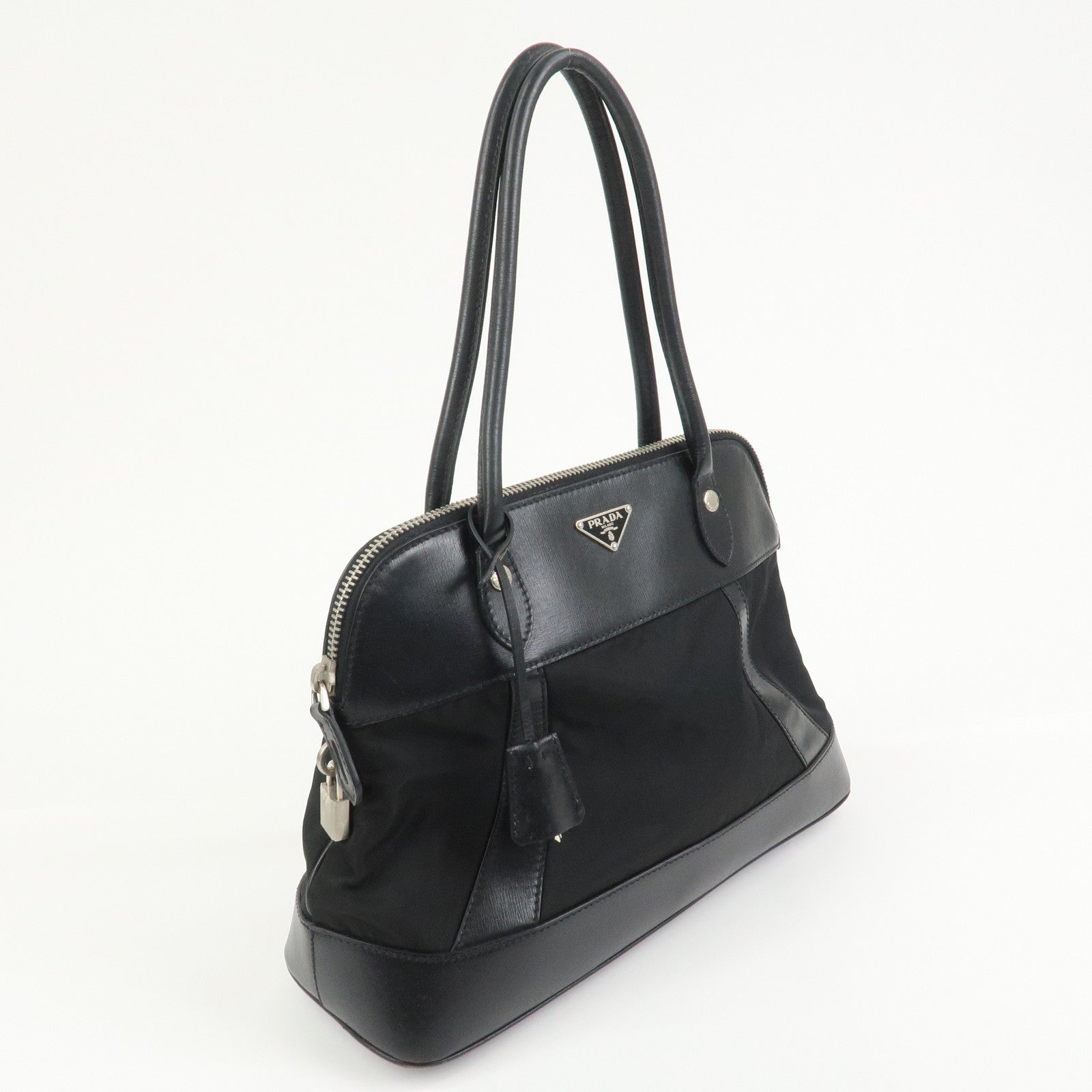 PRADA Triangle Logo Nylon Leather Shoulder Bag Hand Bag Black