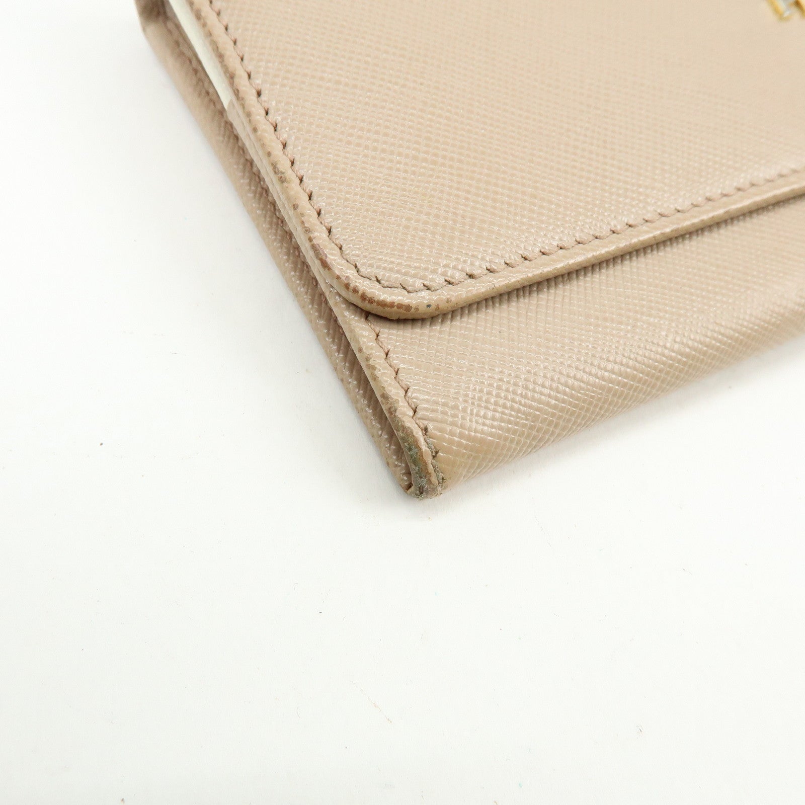 PRADA Logo Saffiano Leather Flap Bi-Fold Long Wallet Beige