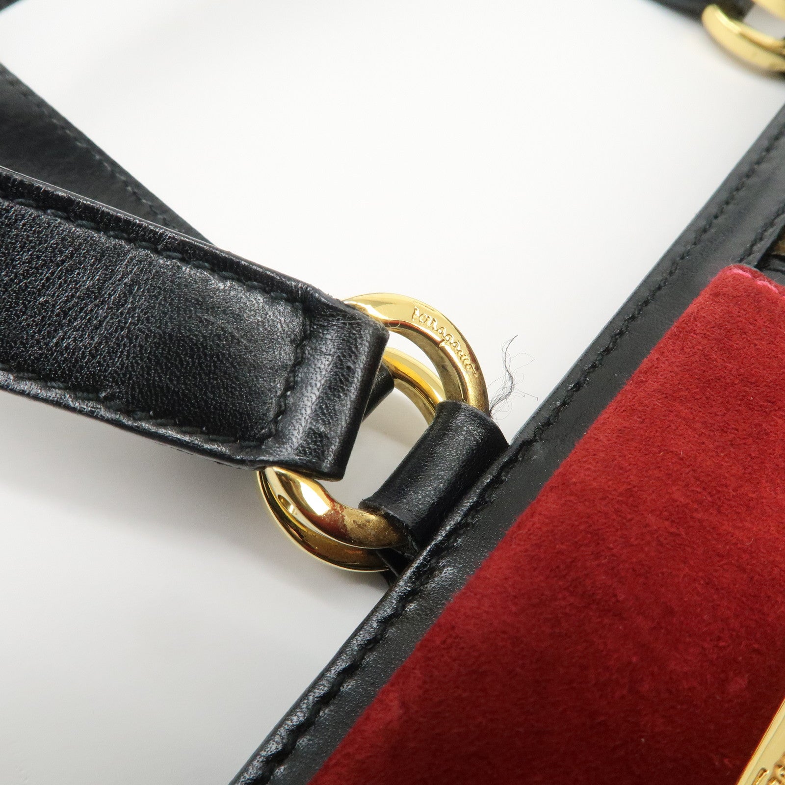 Ferragamo Gancini Suede Leather Hand Bag Tote Bag Black Khaki Red