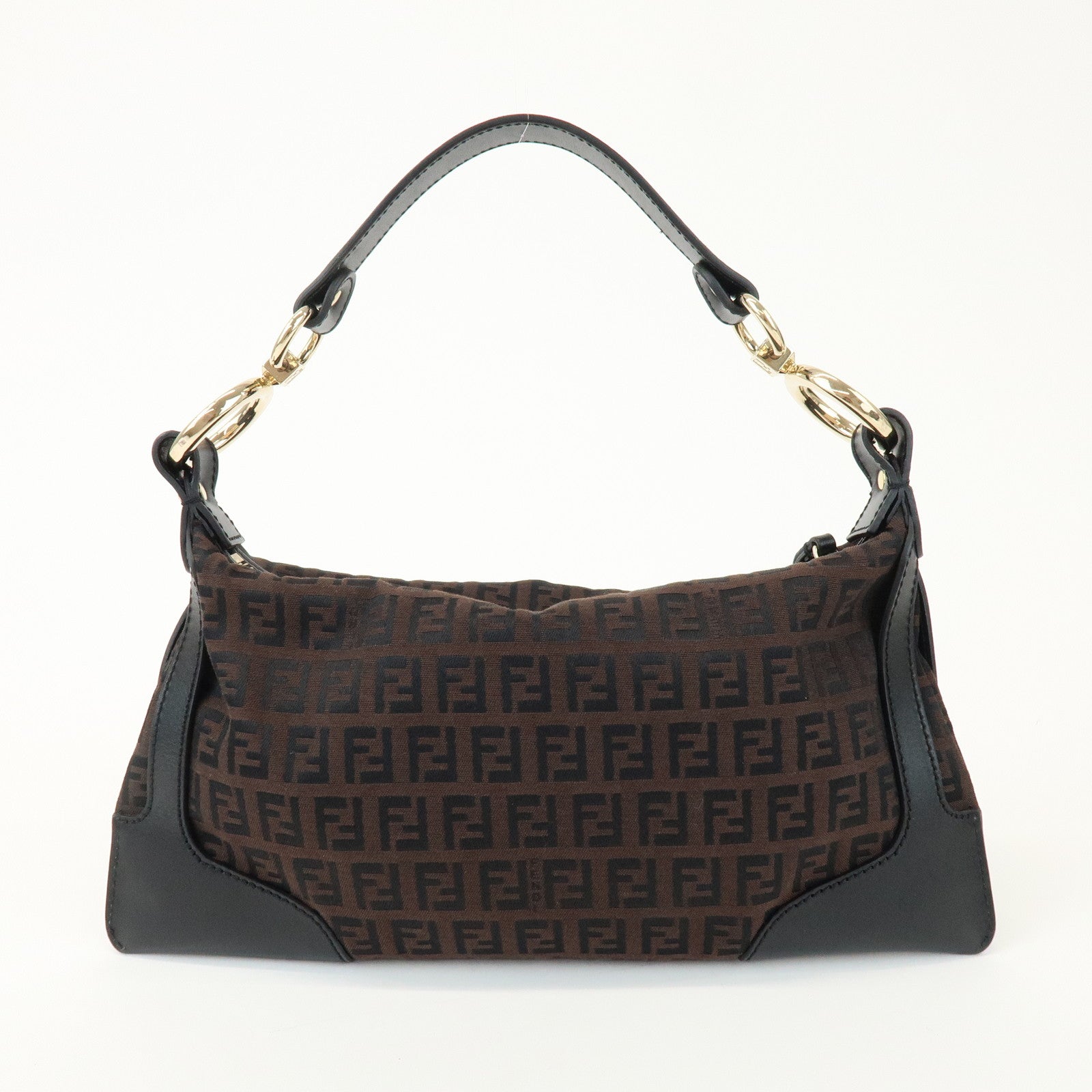 FENDI Zucchino Logo Canvas Leather Black Shoulder Bag Brown 8BR464