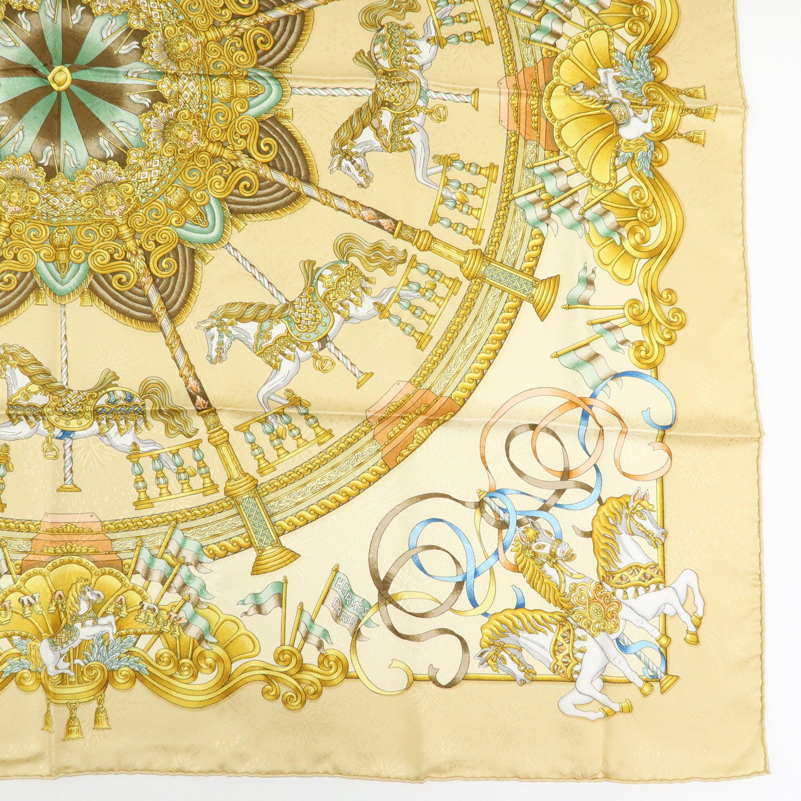 HERMES Carre 90 Silk 100% Scarf LUNA PARK Gold
