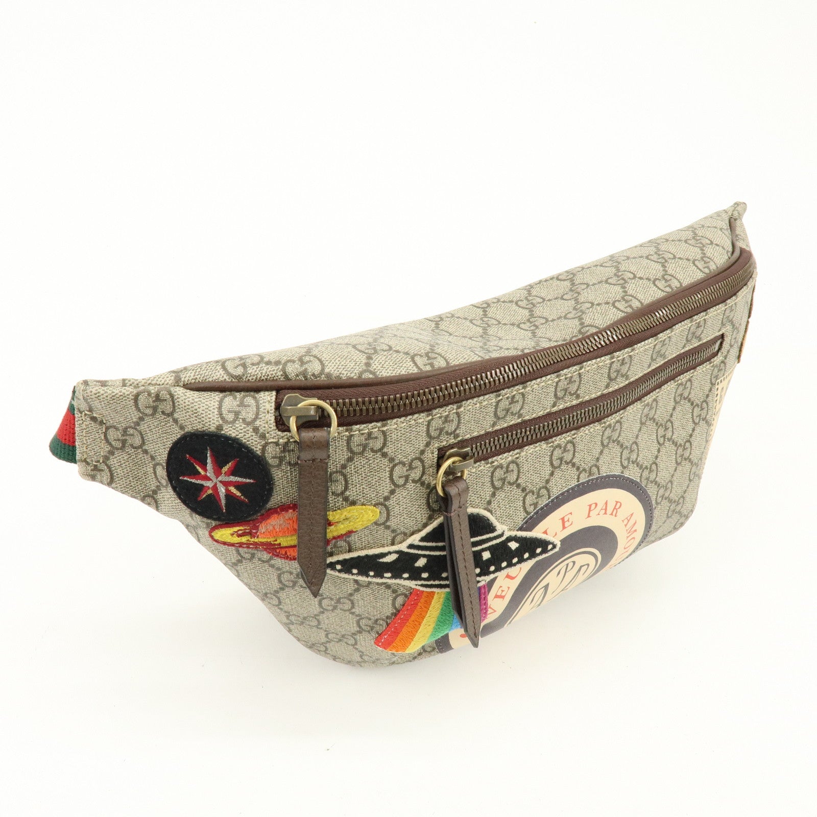 GUCCI Sherry GG Supreme Canvas Leather Waist Bag Gray Brown 529711
