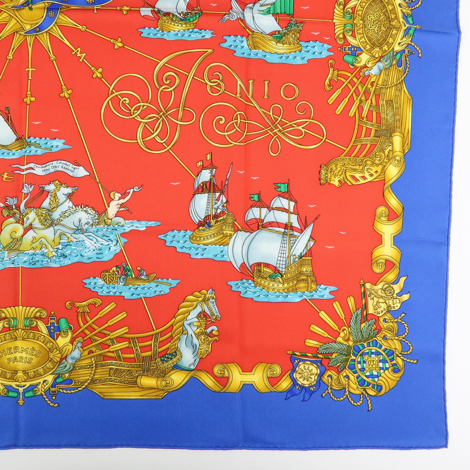 HERMES Carre 90 Silk 100% VOILES DE LUMIERE Scarf Red Blue