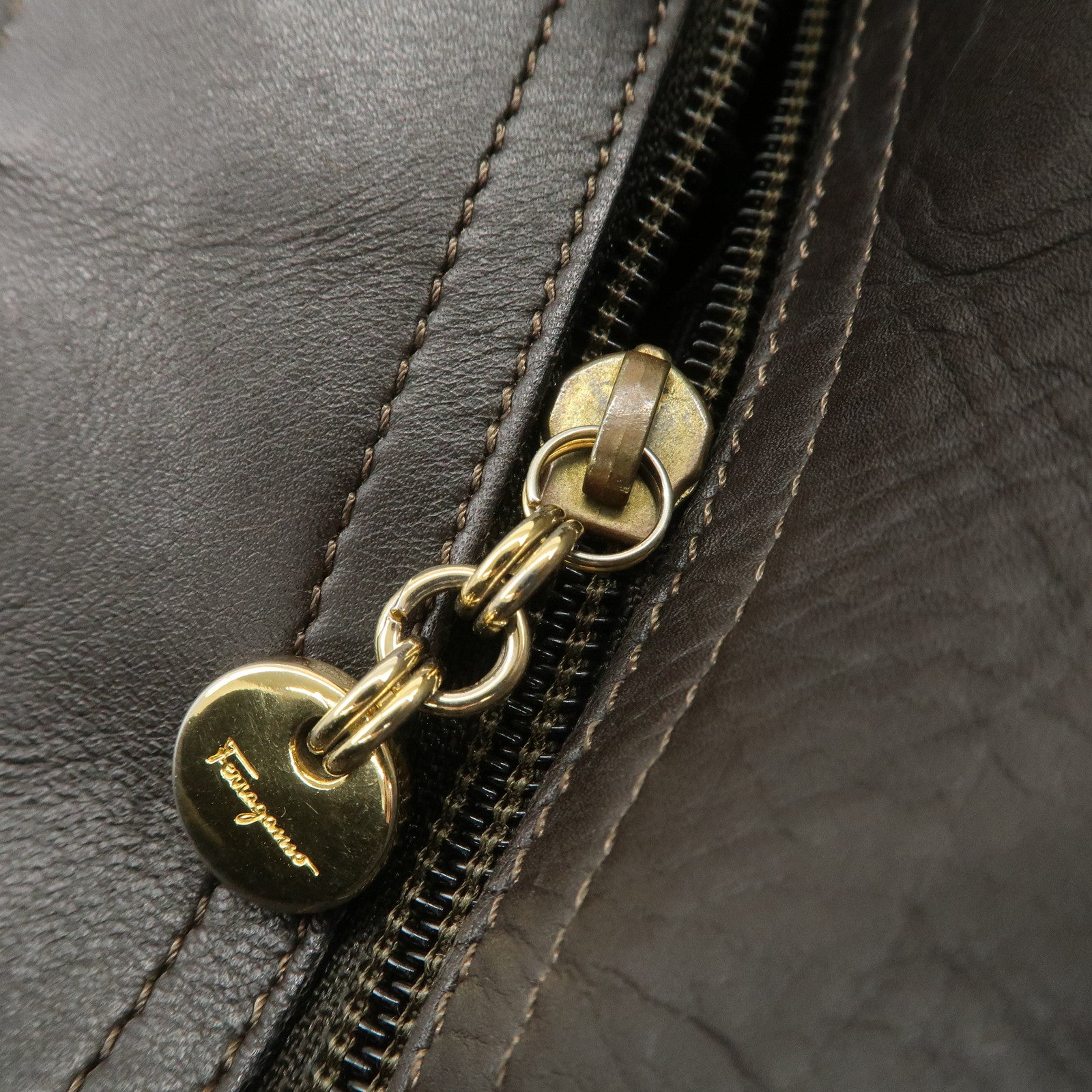 Ferragamo Vara Logo Canvas Tote Bag Shoulder Bag Brown