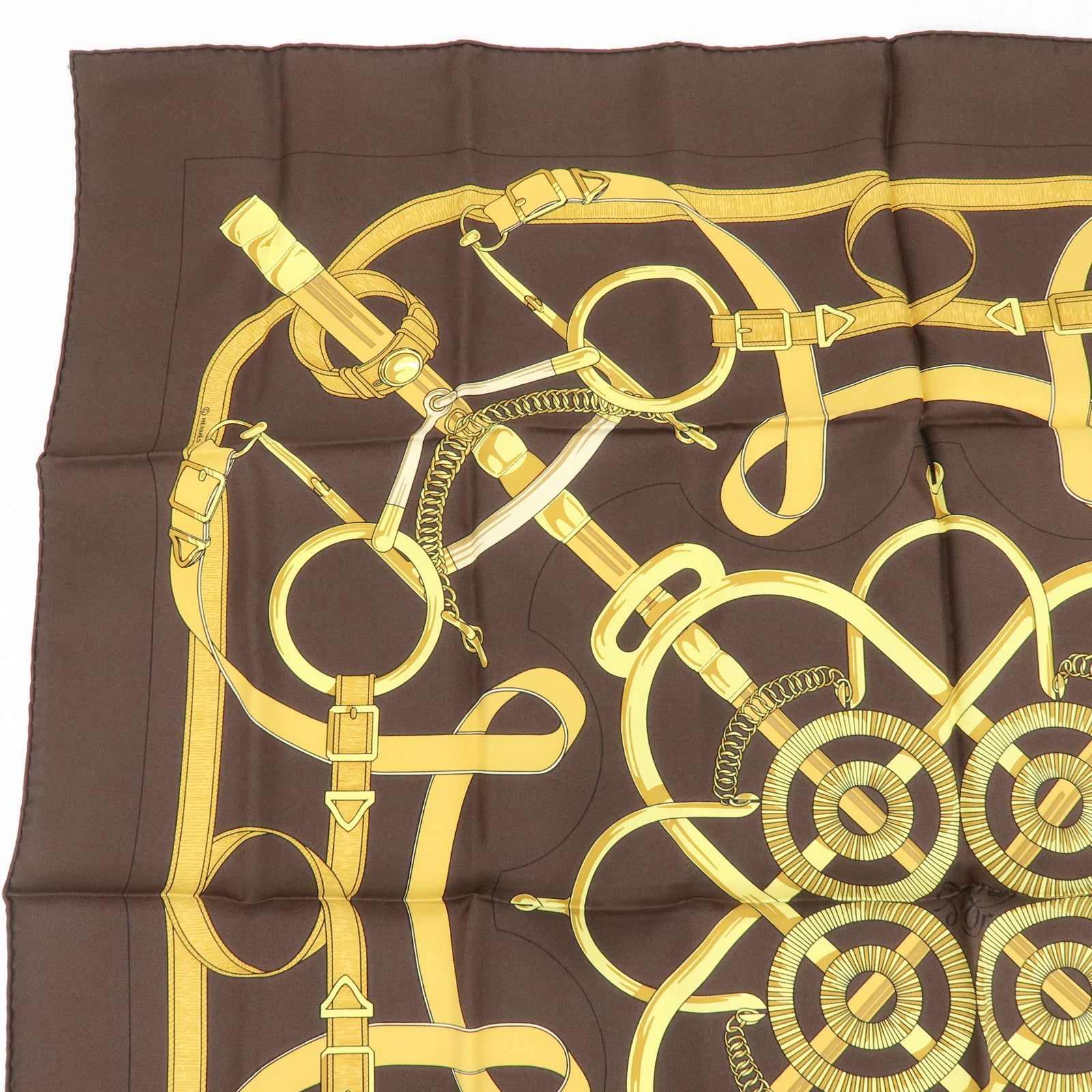 HERMES Carre 90 Silk 100% Scarf Eperon d'or Brown Gold