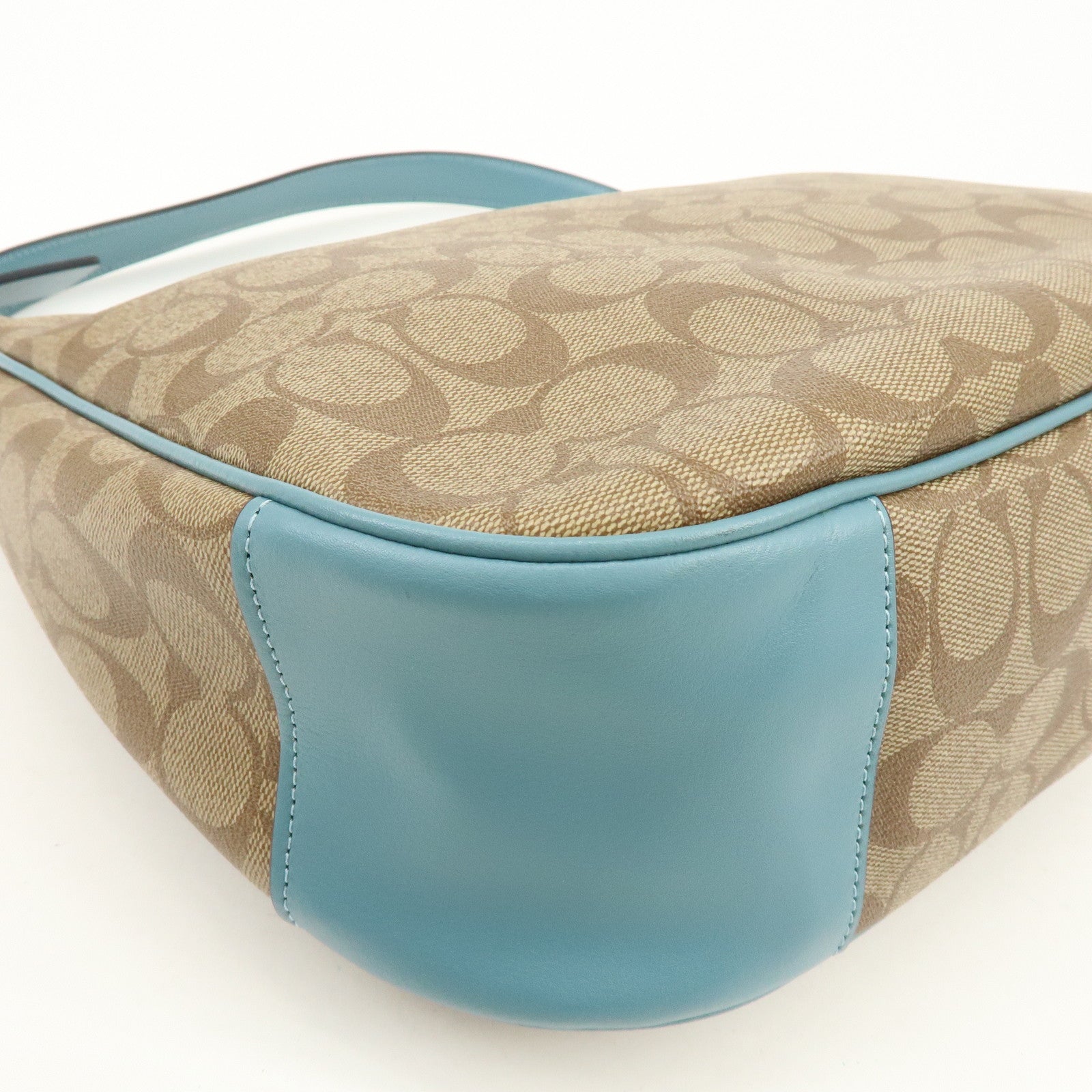 COACH Signature PVC Coated Canvas Leather Shoulder Bag Beige Blue