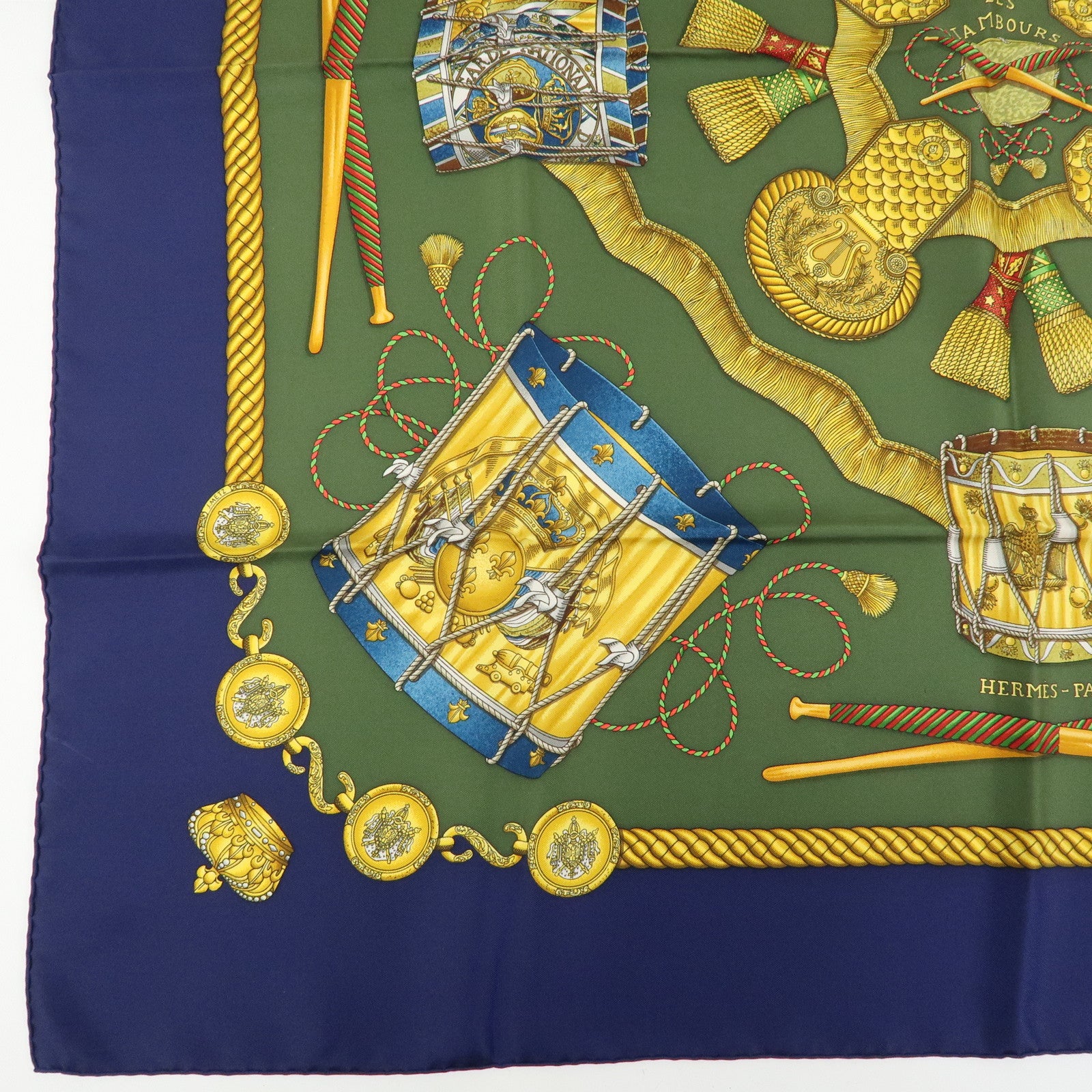 HERMES Carre 90 Silk 100% Scarf  LES TAMBOURS Khaki Navy Gold